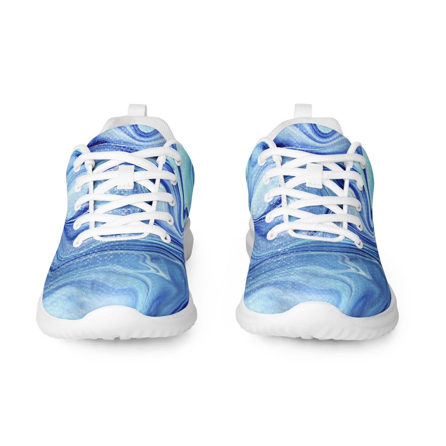 Blue splash running shoes with white soles on a white background