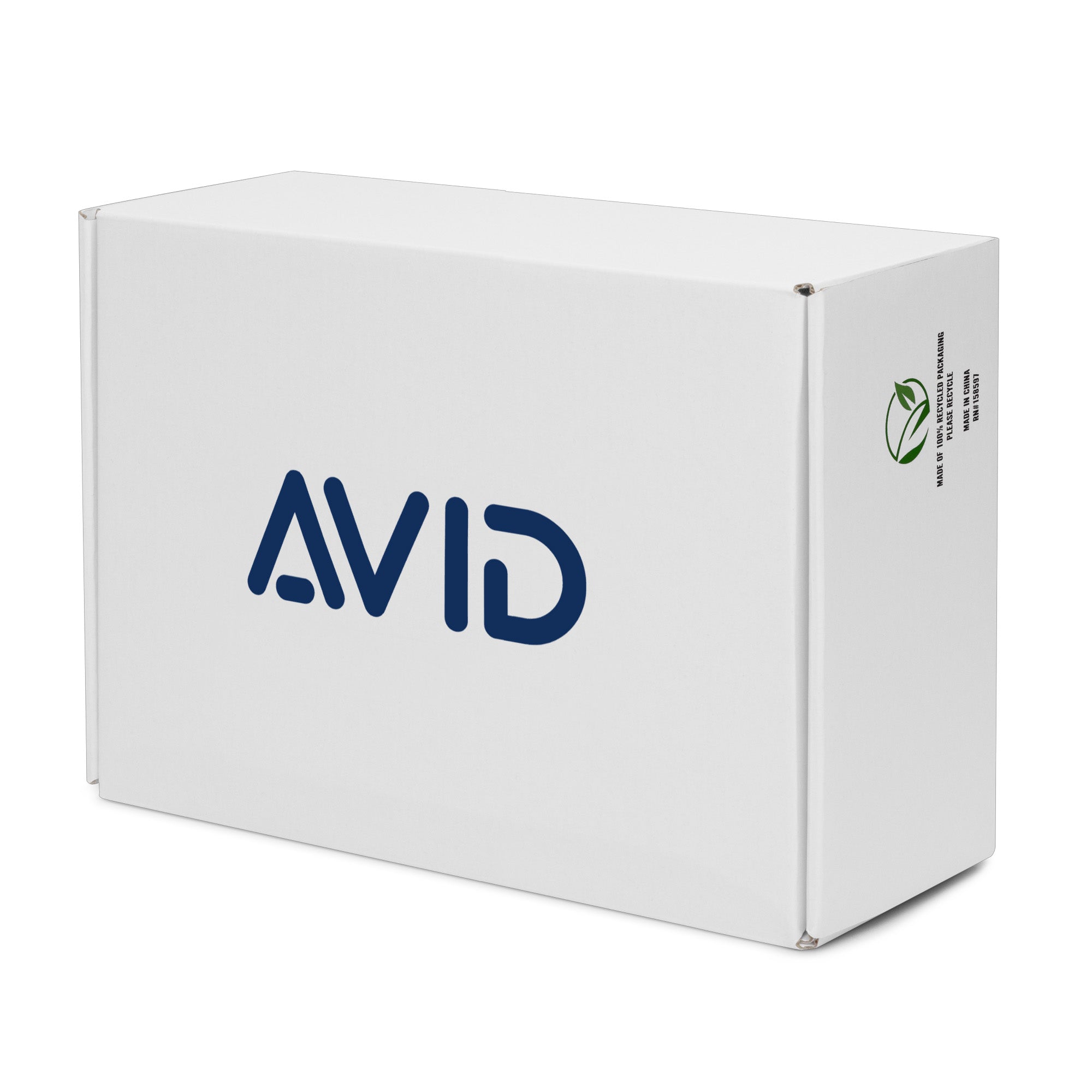 White box with 'AVID' logo on a white background