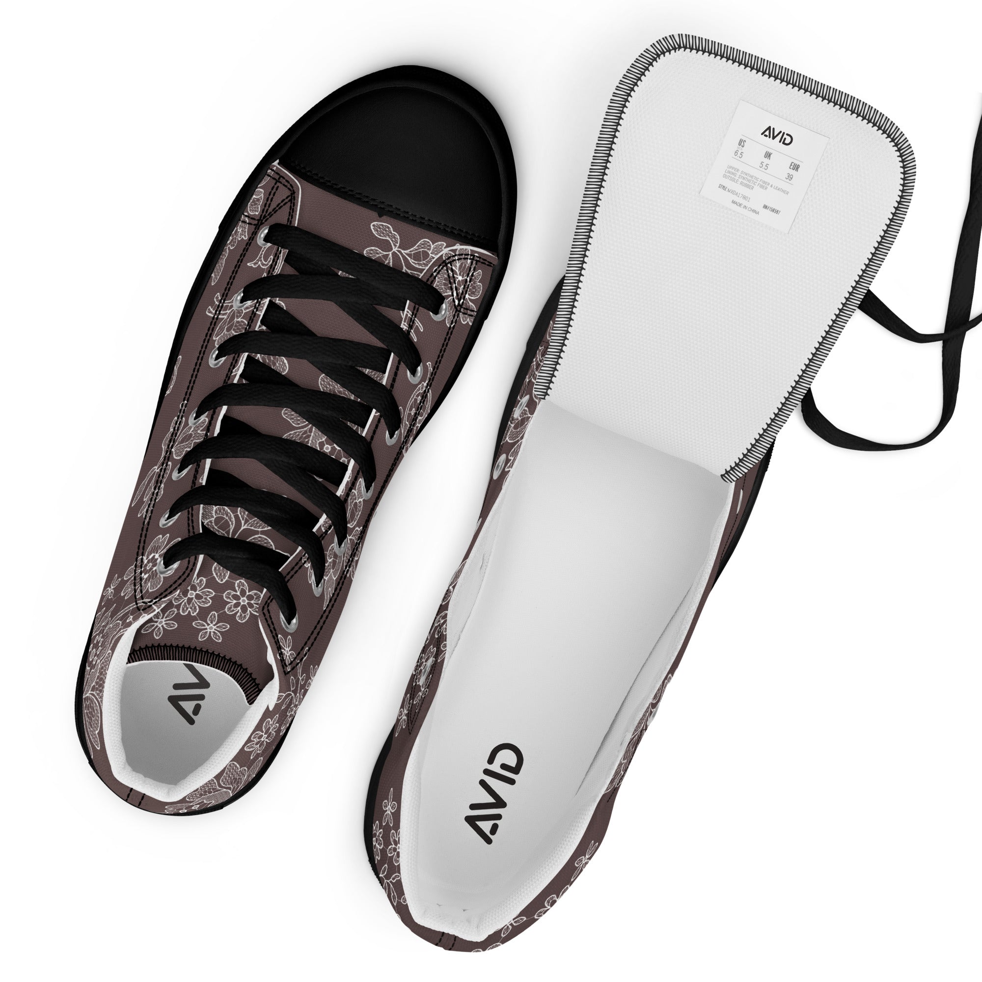 Sneaker with floral pattern and black laces, showing the sole with 'Avid' branding on a white background.