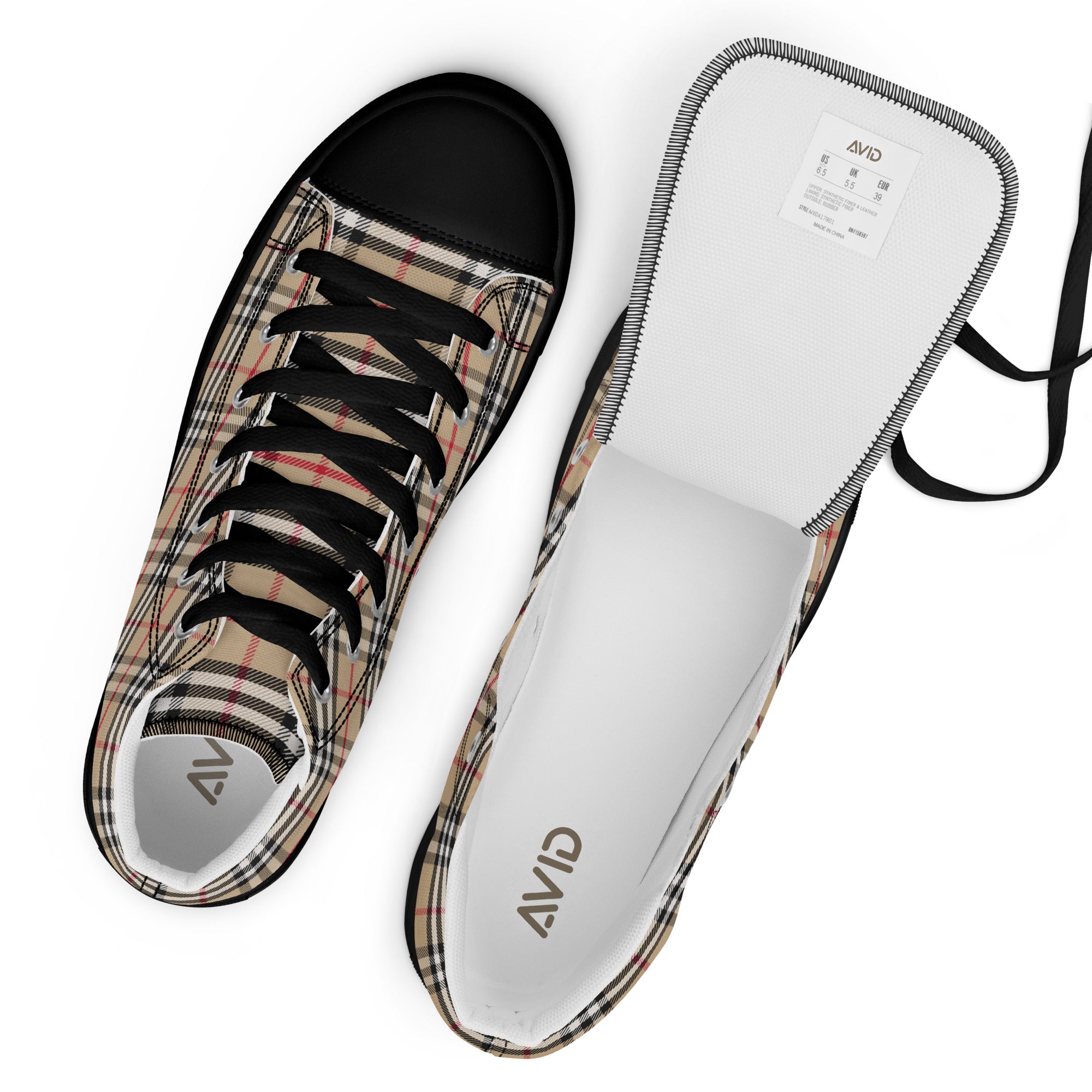 Shoe insole with plaid pattern and Avid branding on a white background