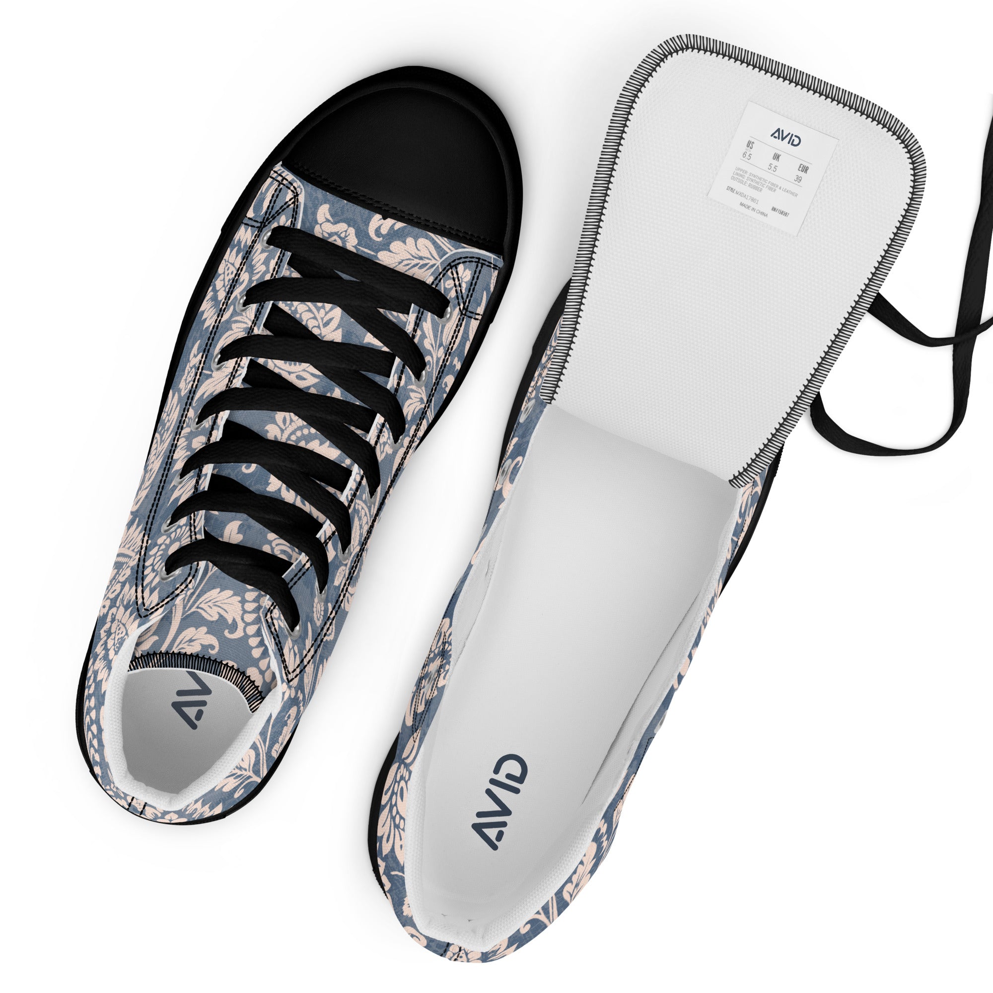 Sneaker with floral pattern and white insole on a white background, featuring the Avid brand.