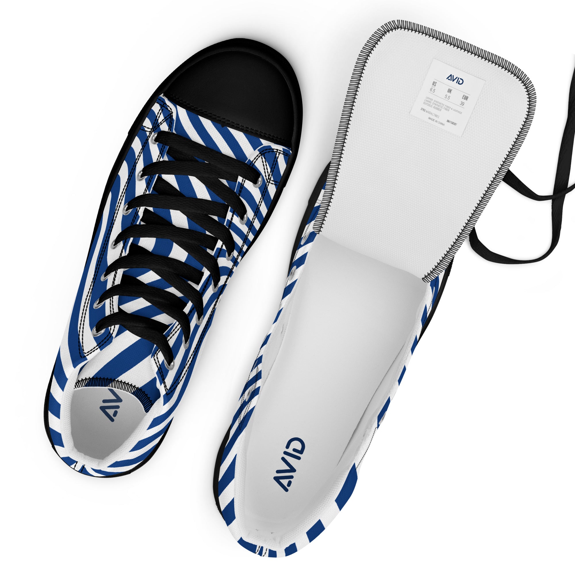 Blue and white striped shoe with black laces and Avid branding on a white background