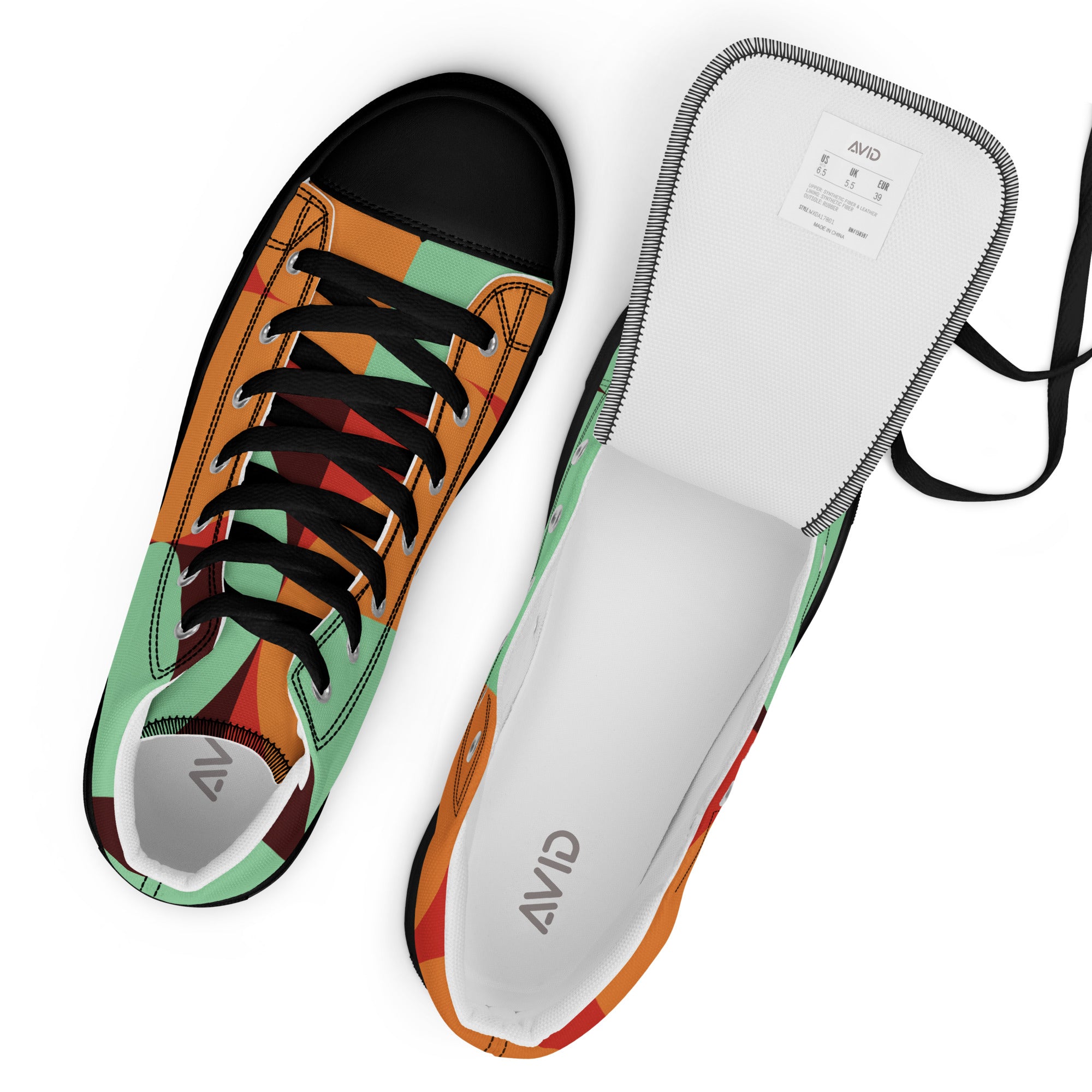 Colorful shoe with black laces and white insole on a white background, featuring the Avid brand.