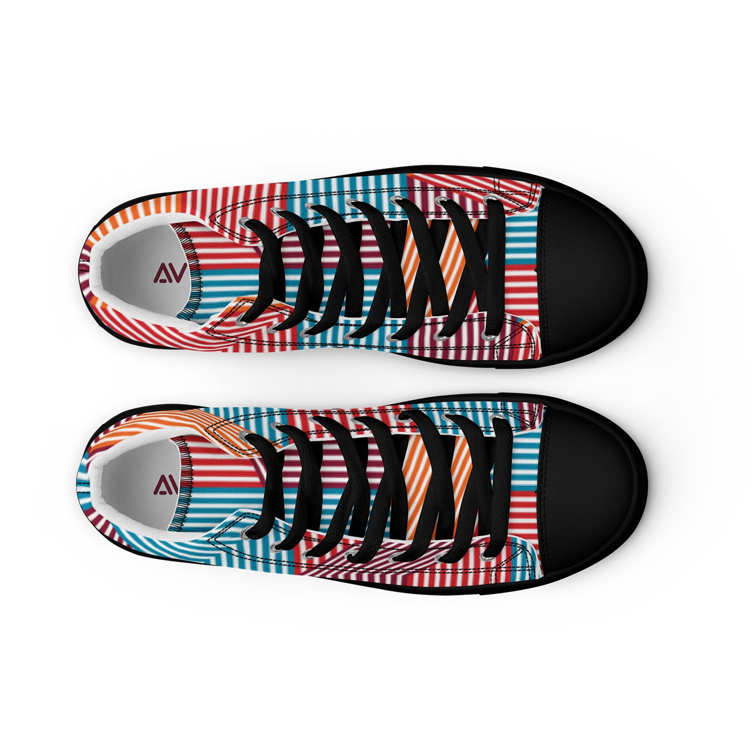 Colorful striped sneakers with black laces on a white background