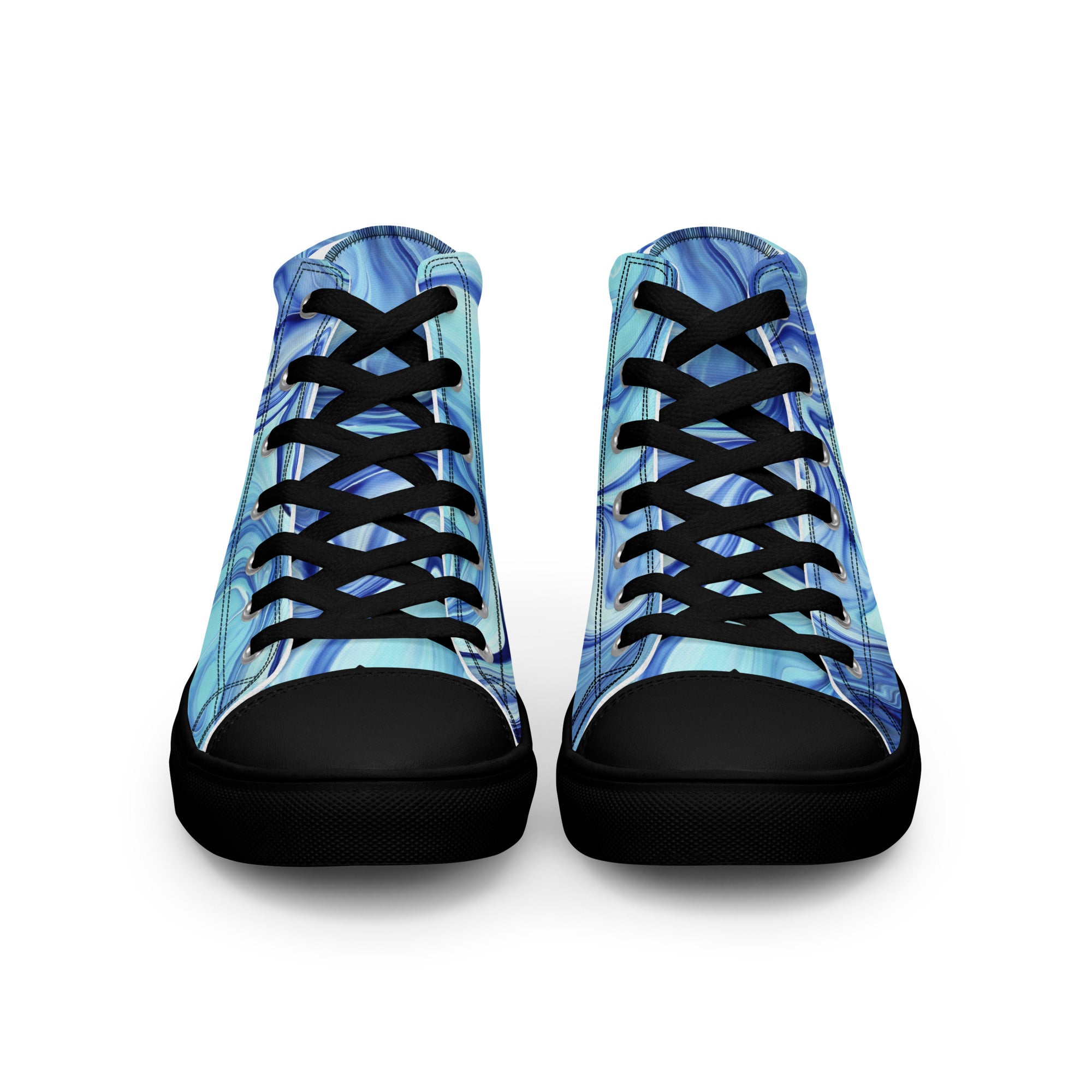 Blue patterned high-top sneakers with black laces and soles on a white background