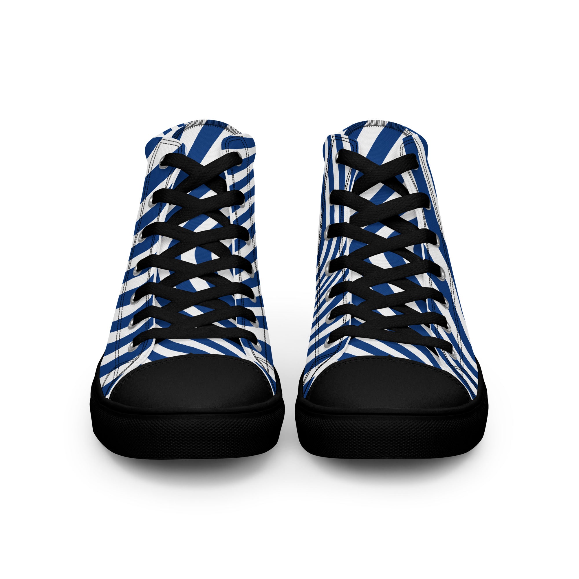 Pair of high-top sneakers with blue and white striped pattern on a white background