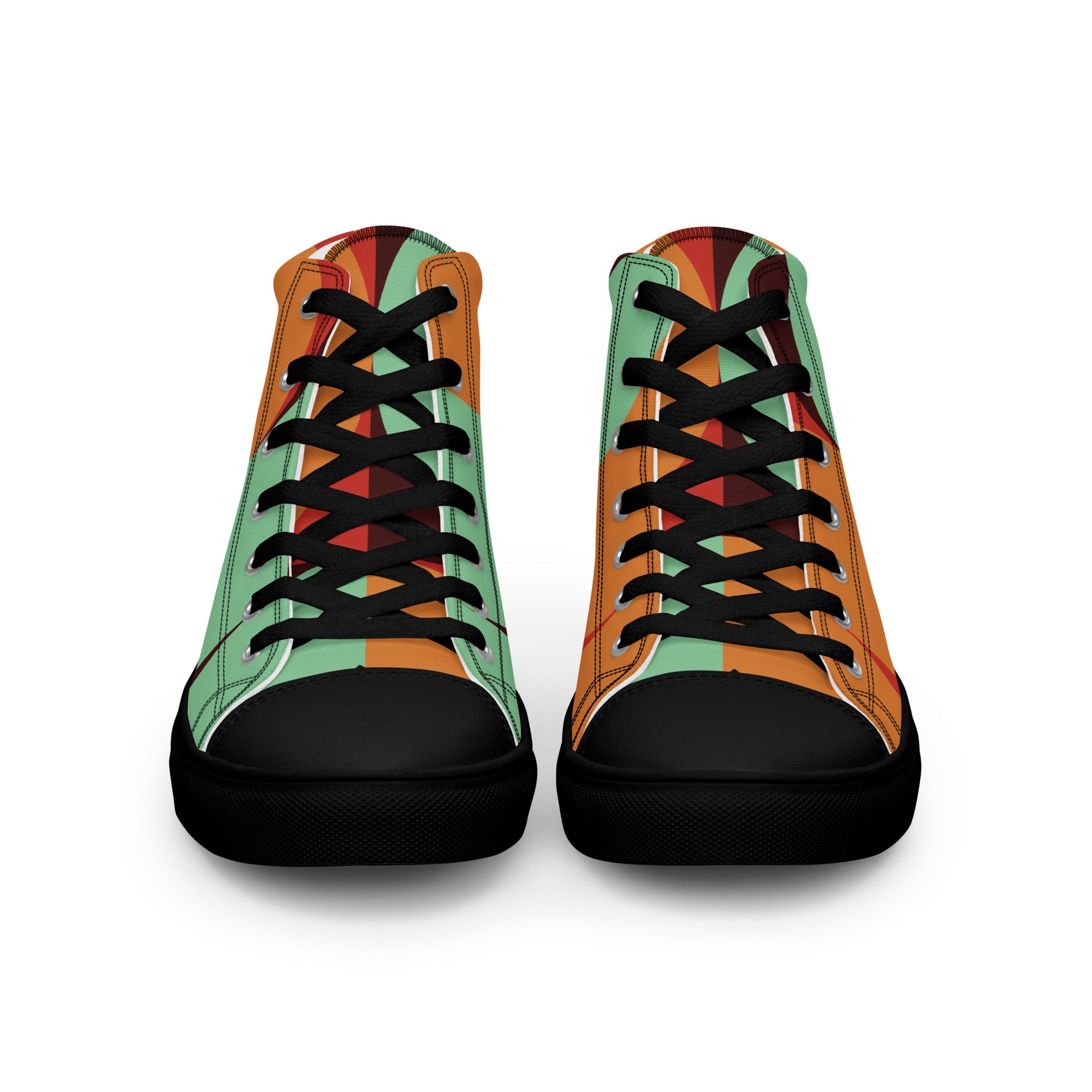Colorful high-top sneakers with black laces on a white background