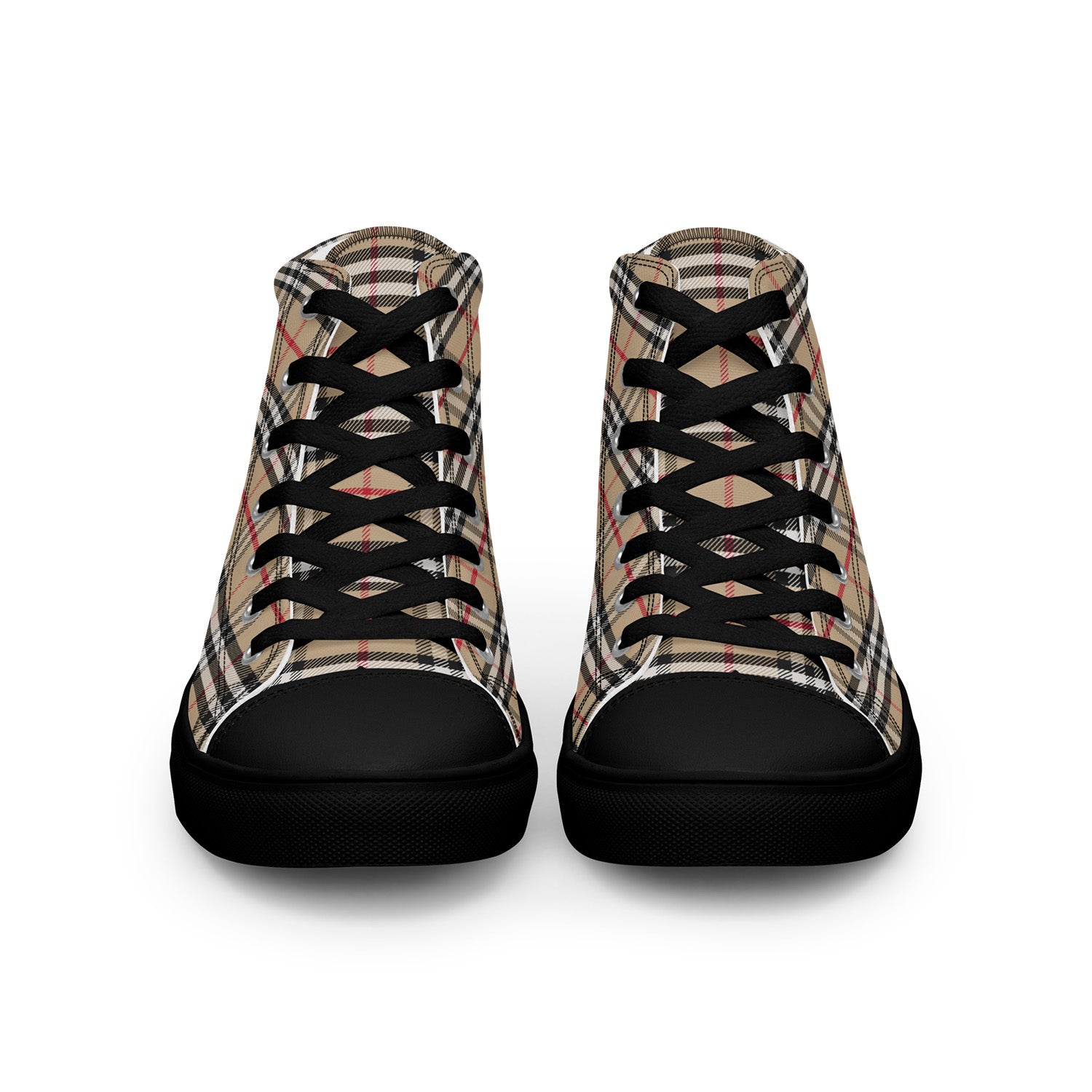 Plaid high-top sneakers with black soles on a white background