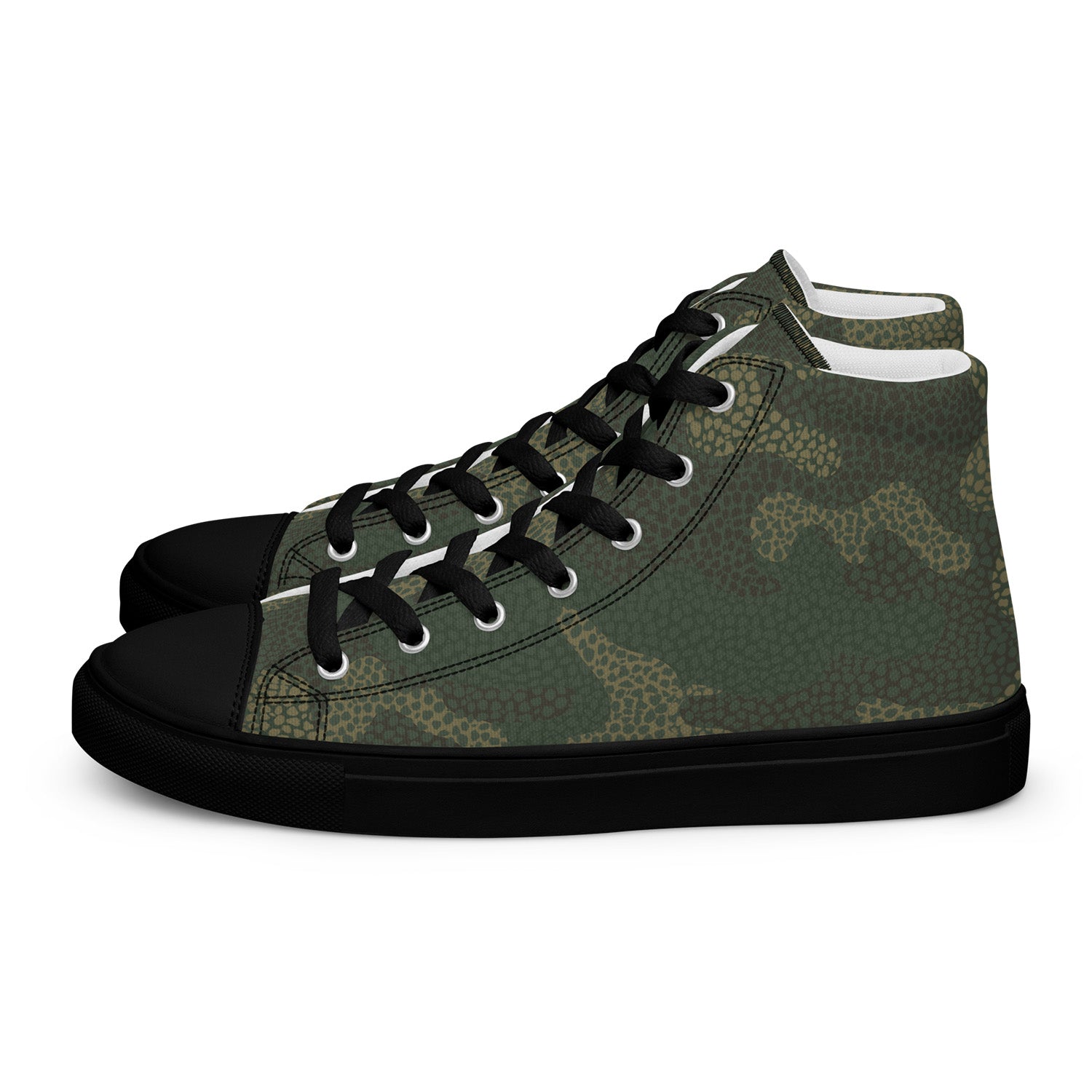 Camo Green camouflage high-top sneakers with black soles on a white background