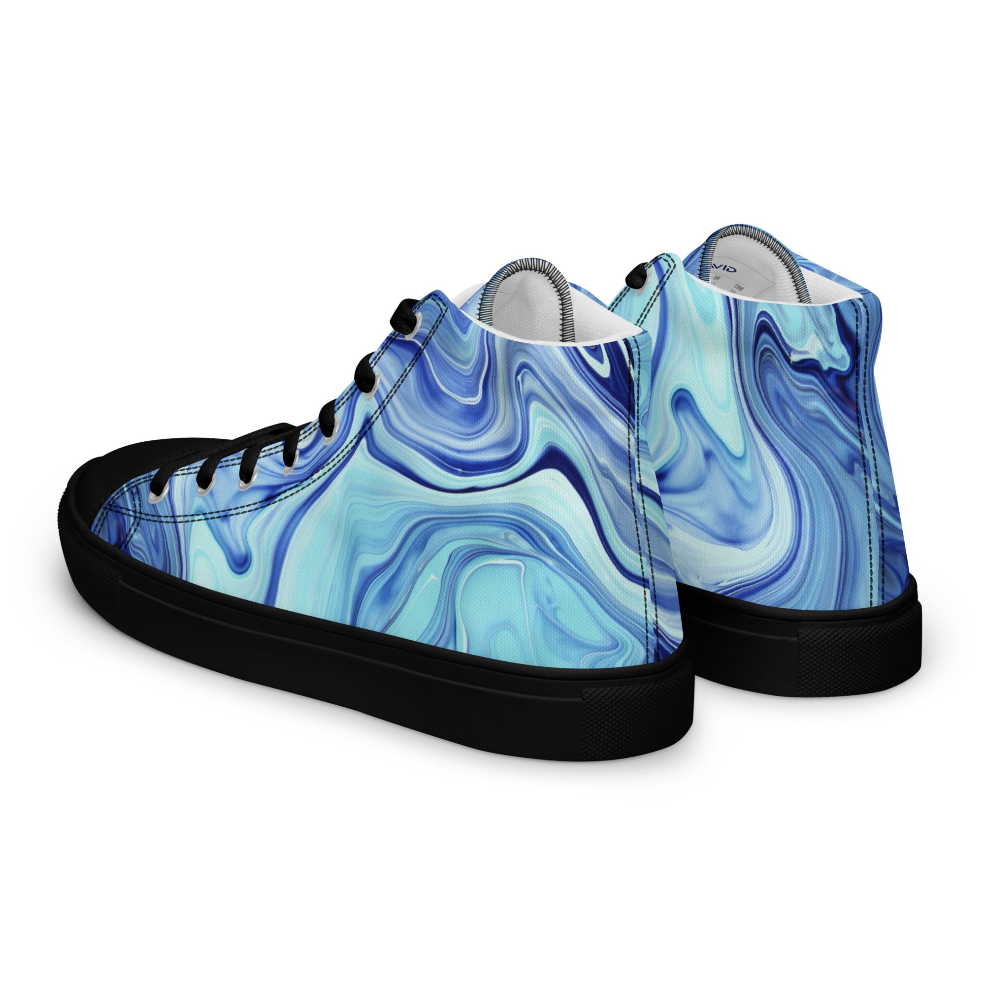Blue marbled high-top sneakers on a white background