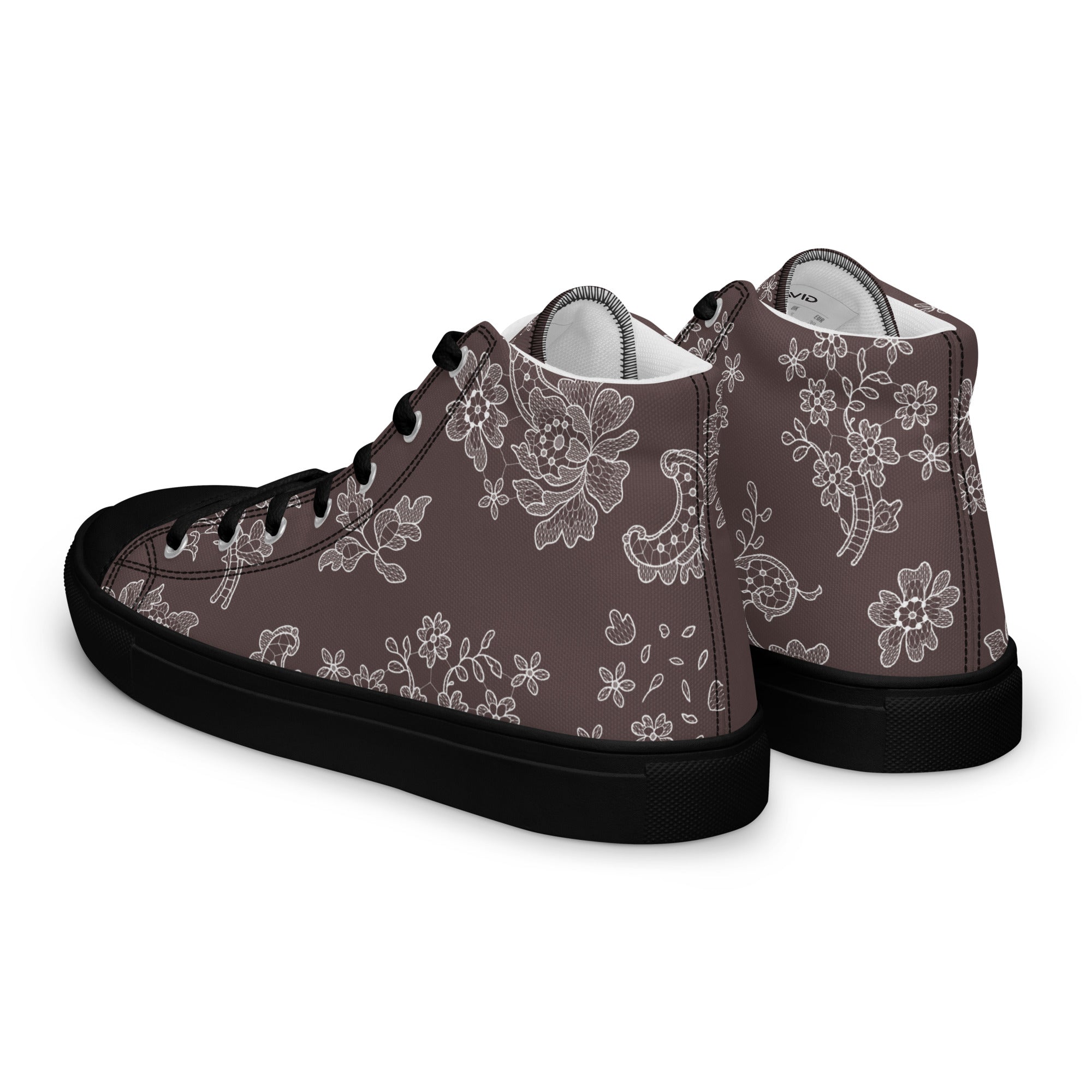 Brown high-top sneakers with floral pattern on a white background