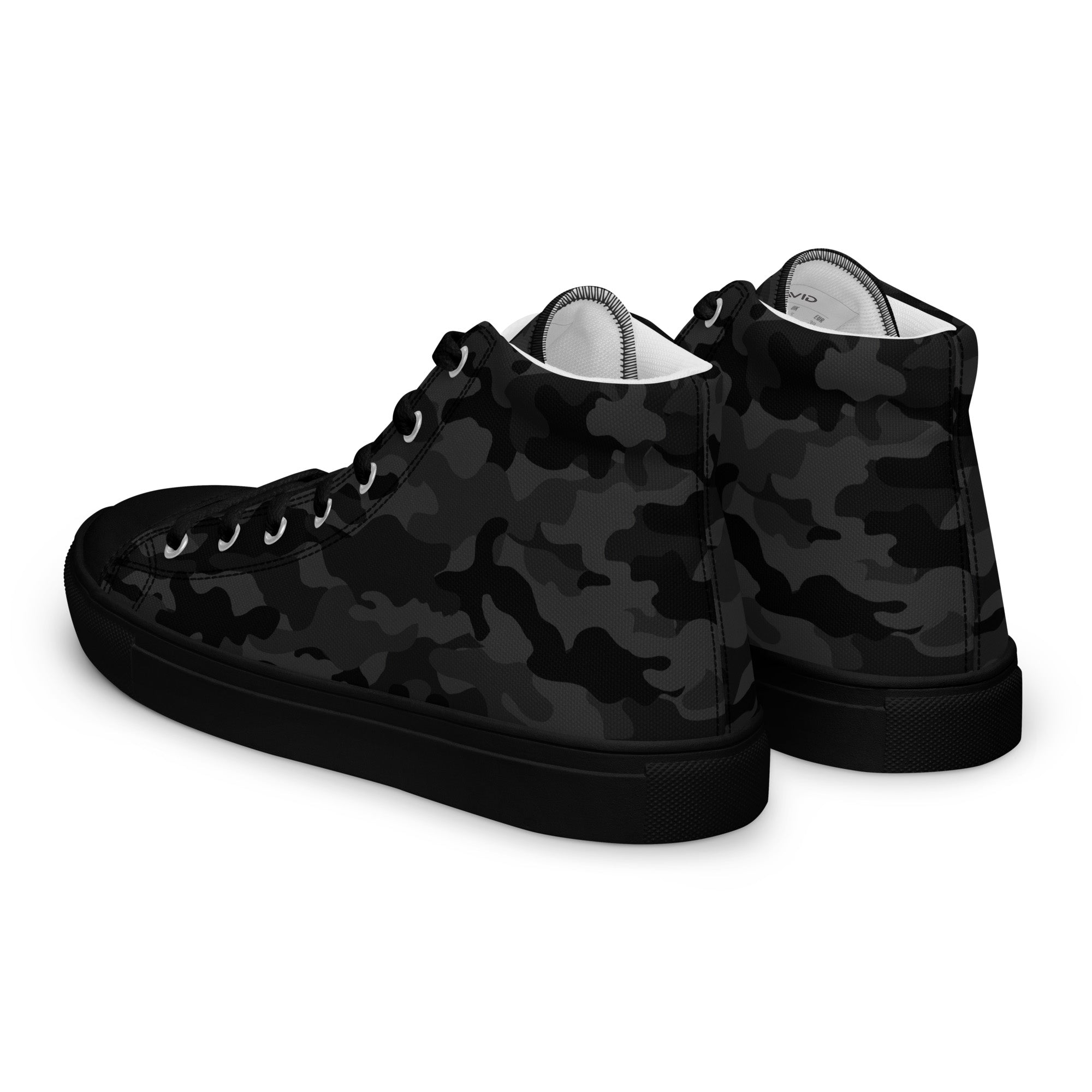 Black camouflage high-top sneakers on a white background