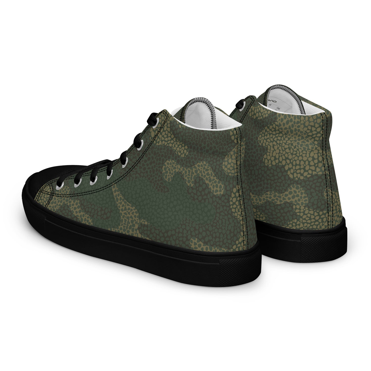 Camo Green high-top sneakers with black soles on a white background