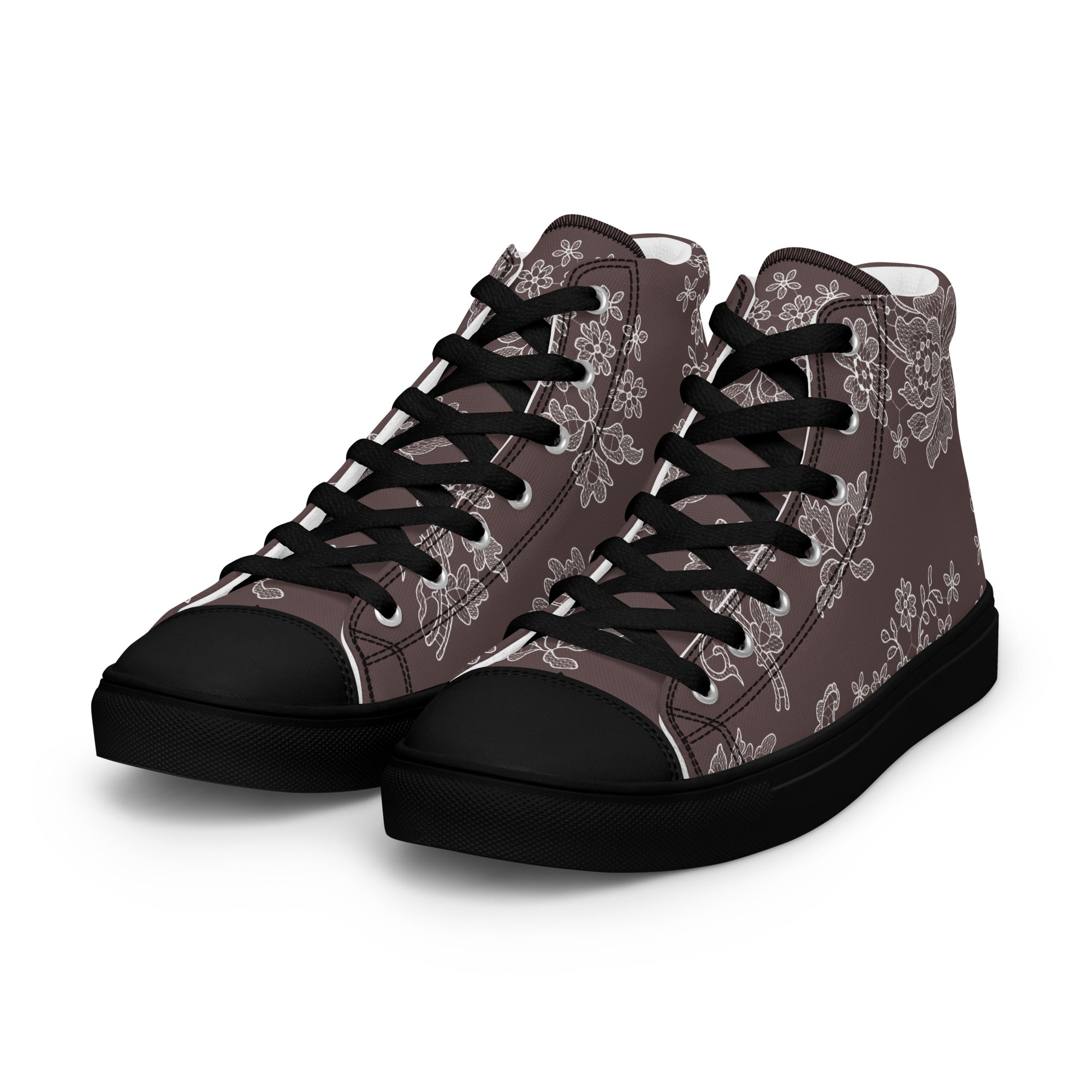 High-top sneakers with floral pattern and black accents on a white background