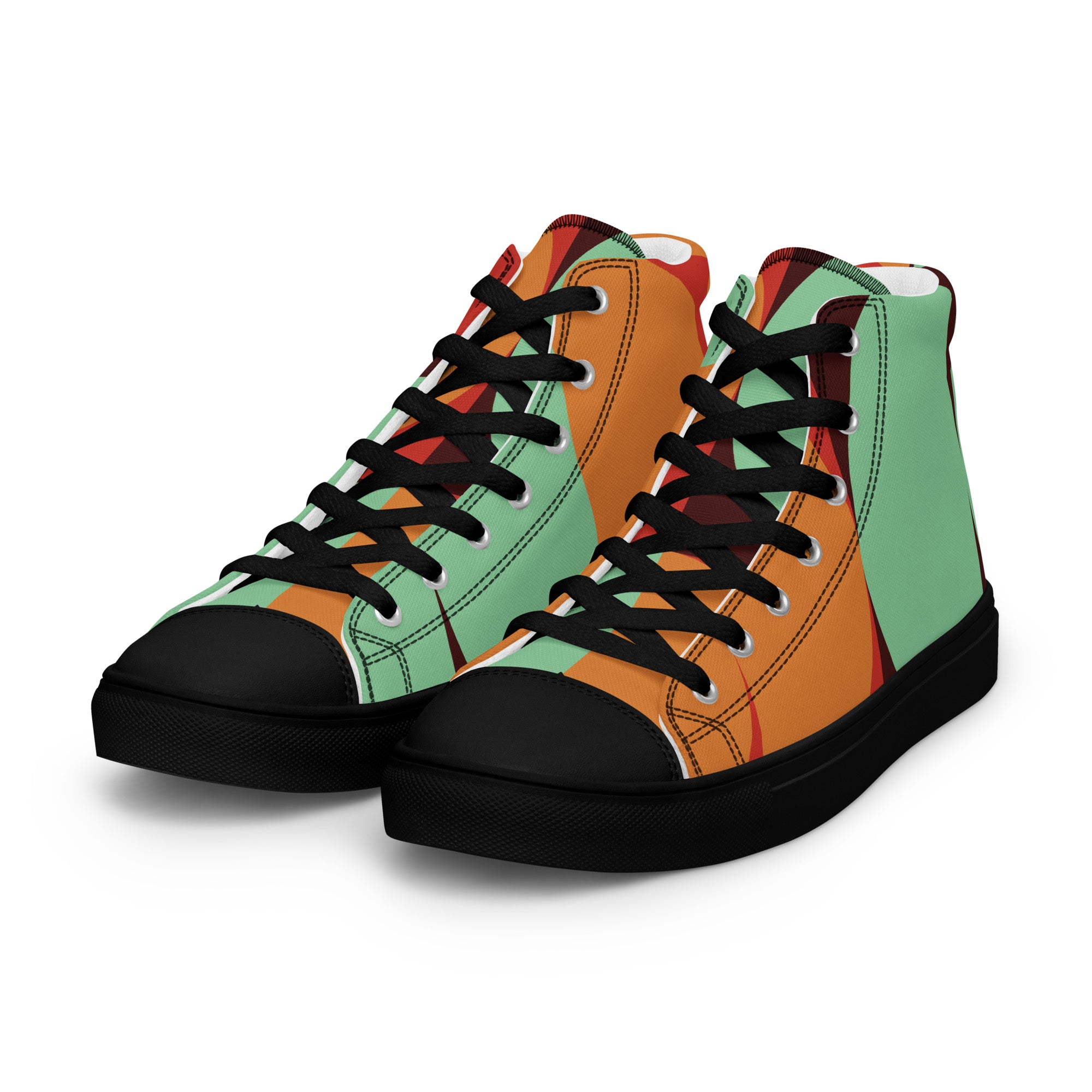 Colorful high-top sneakers with black laces on a white background