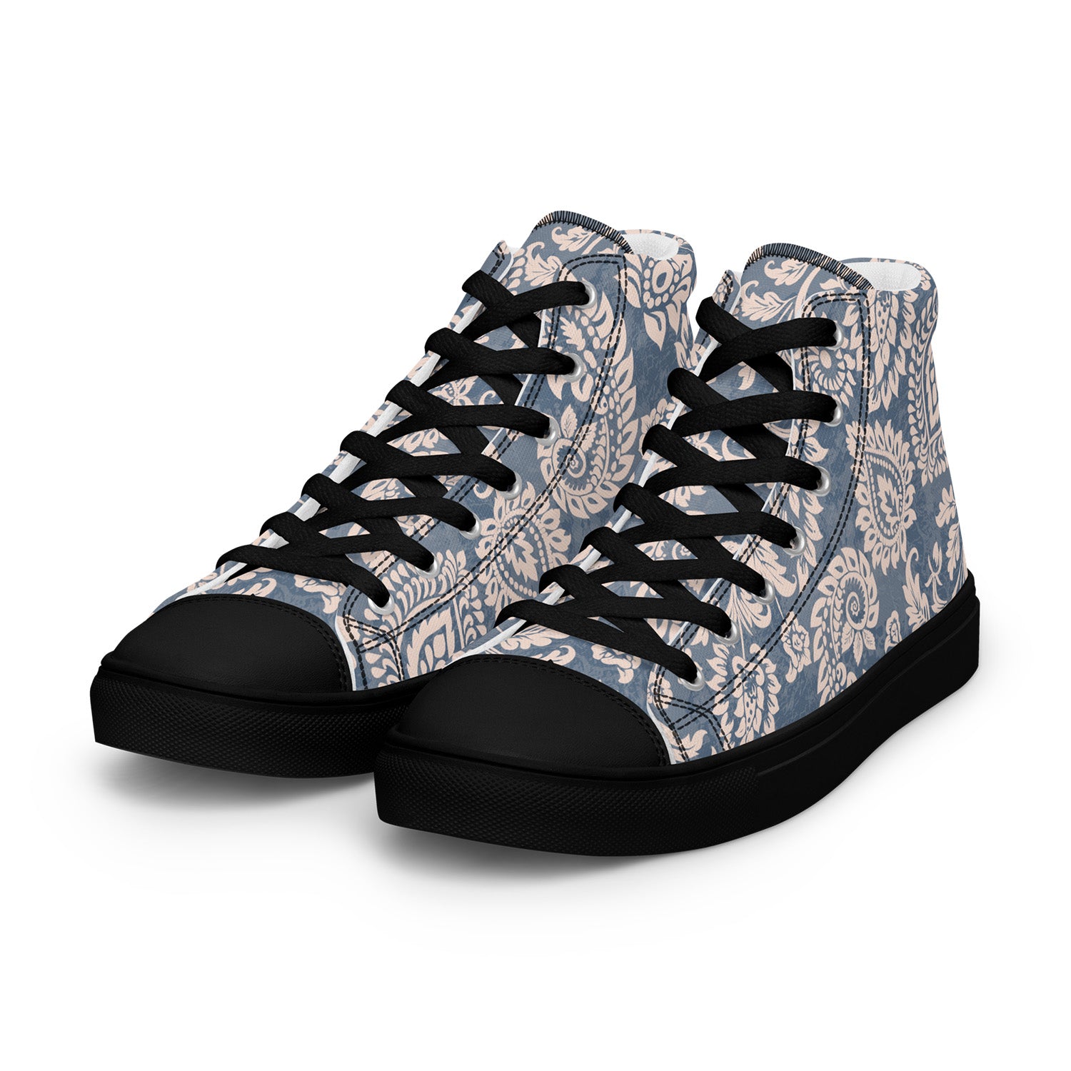 High-top sneakers with paisley pattern and black accents on a white background