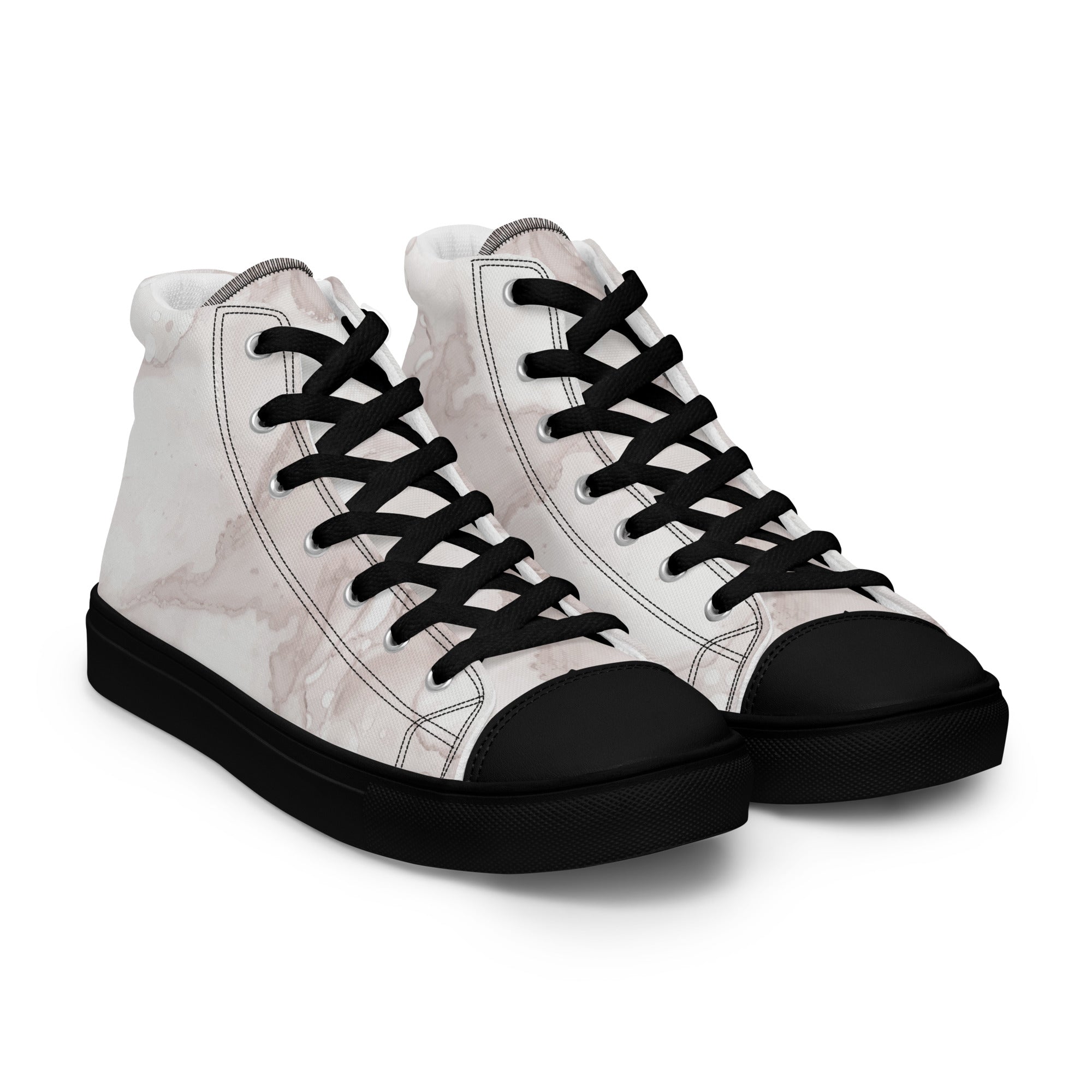 White high-top sneakers with black laces and soles on a white background