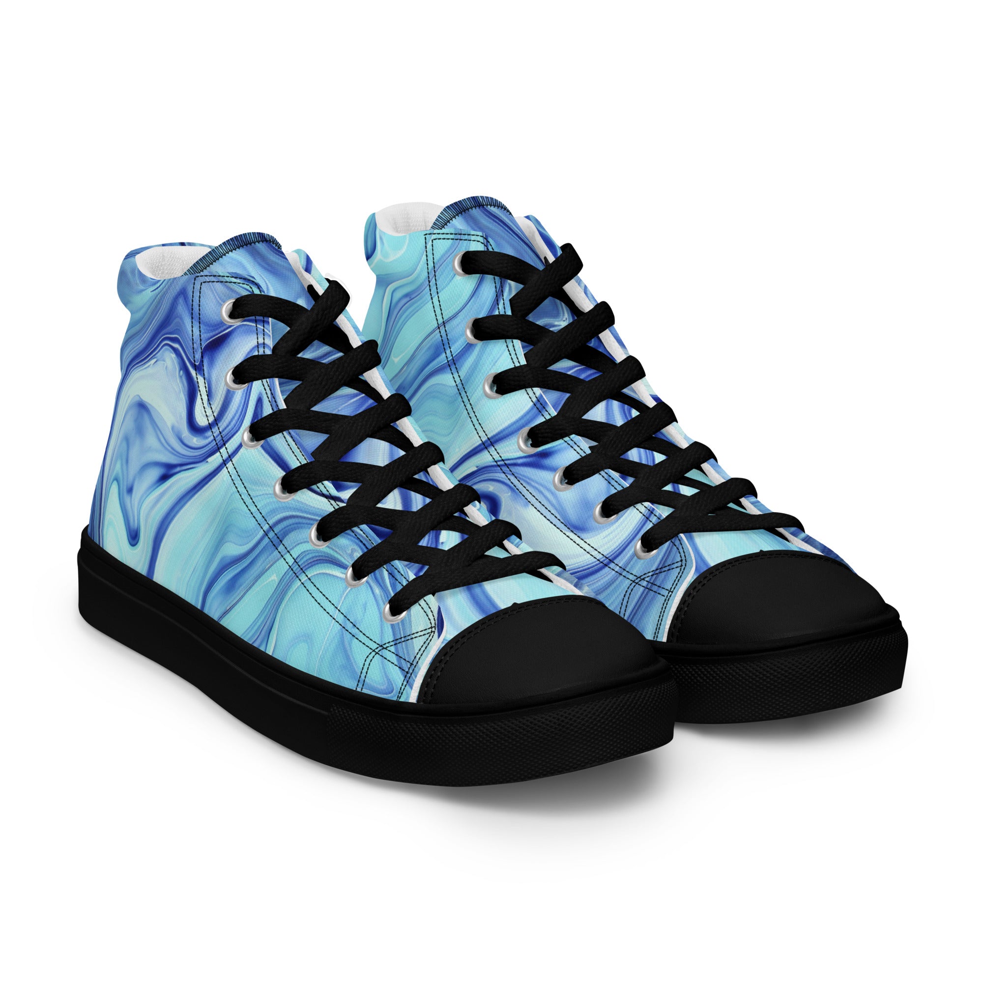 Blue marbled high-top sneakers with black laces and soles on a white background