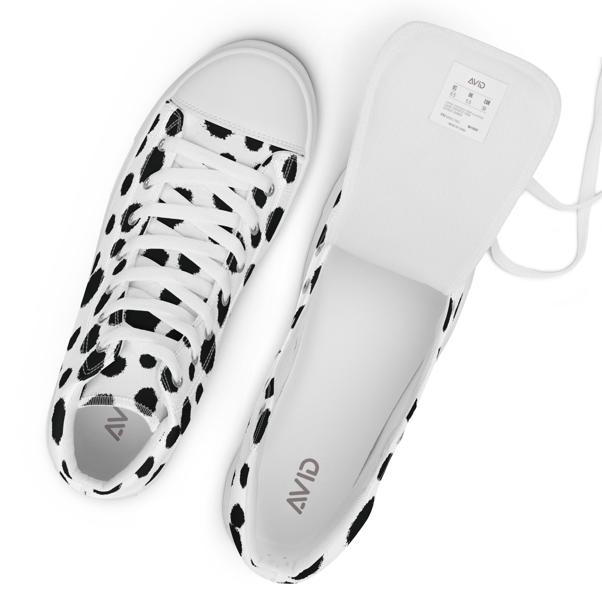 White sneakers with black polka dot pattern on a white background, featuring the Avid logo.