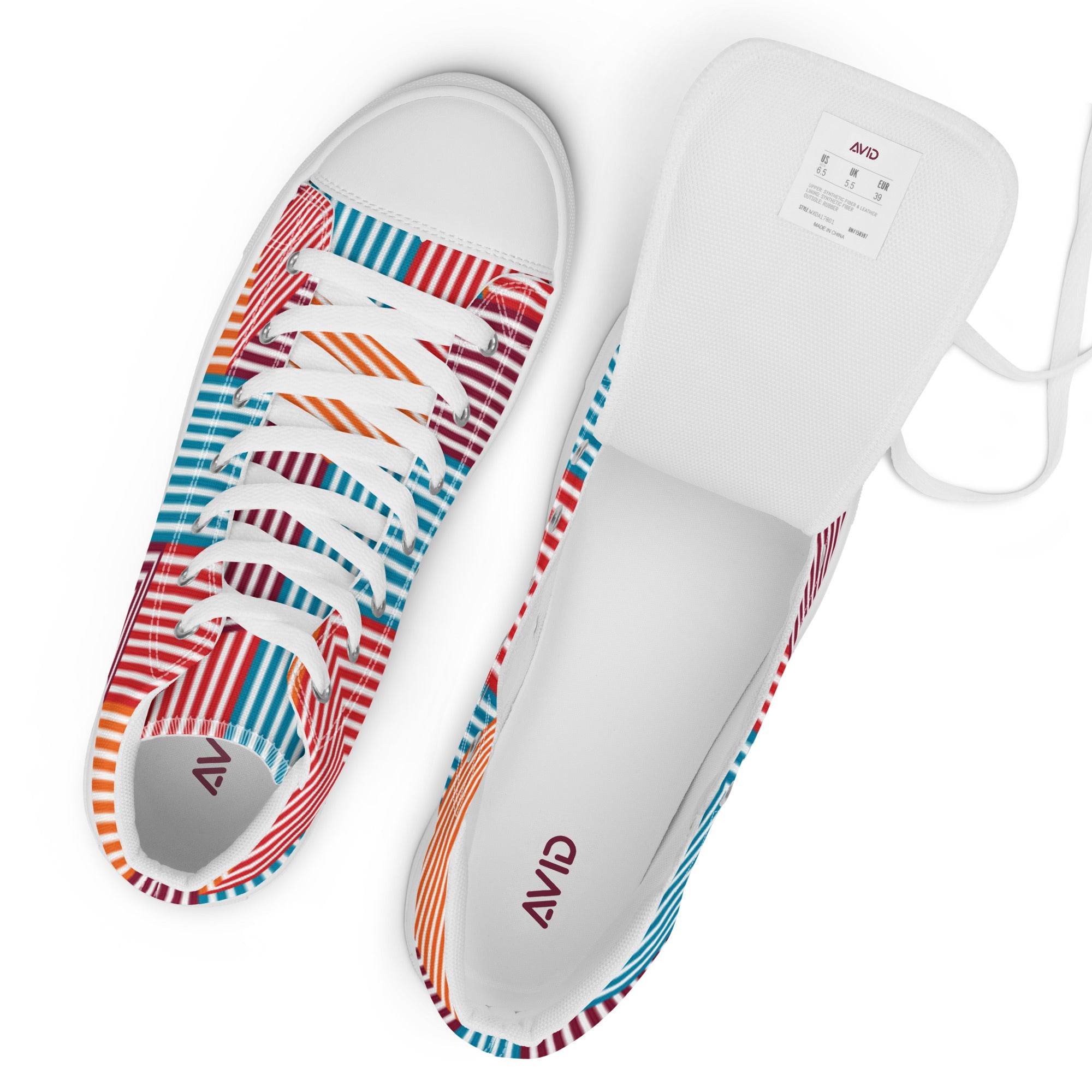 White shoe with colorful striped insole and 'Avid' branding on a white background