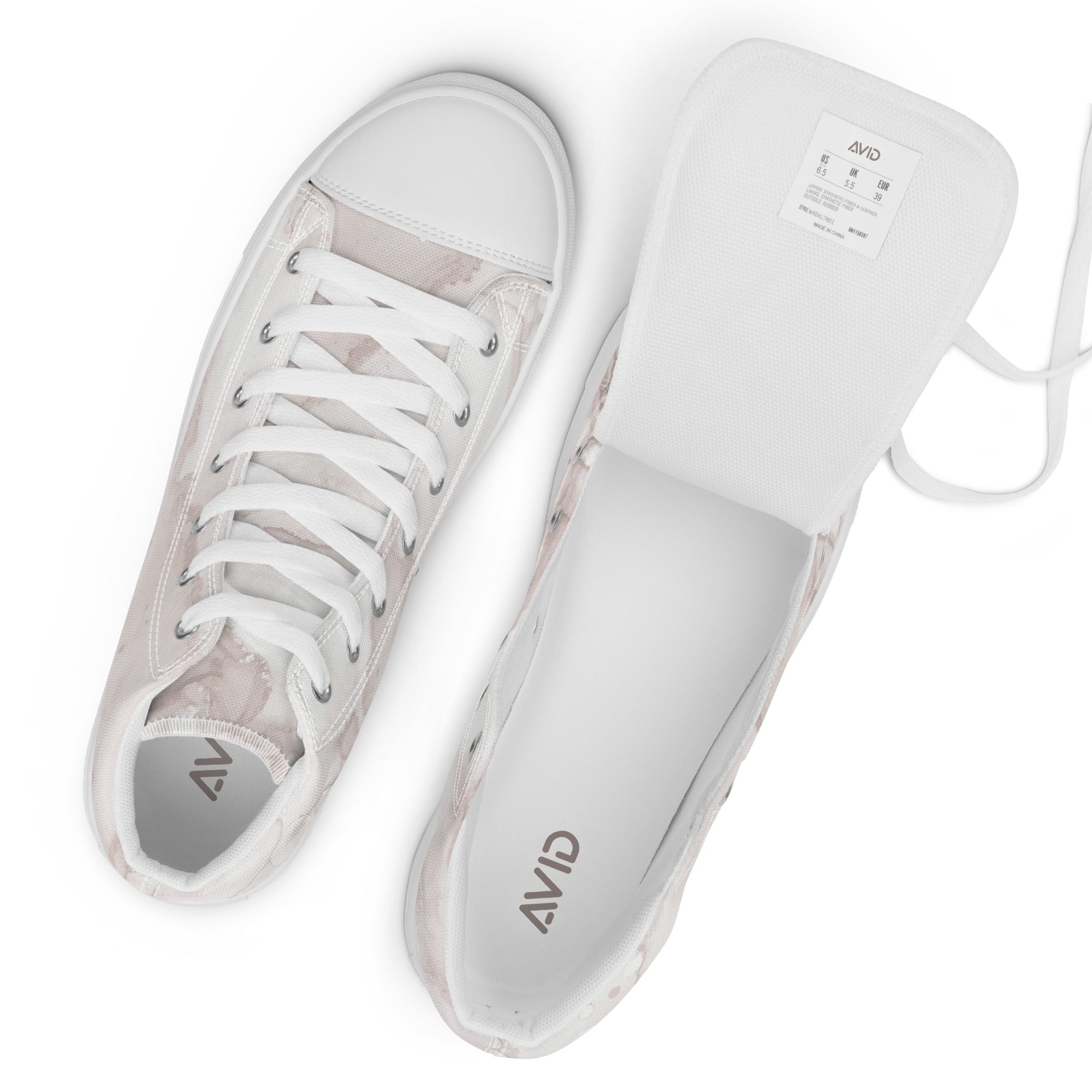White sneakers with 'AVID' branding on a white background