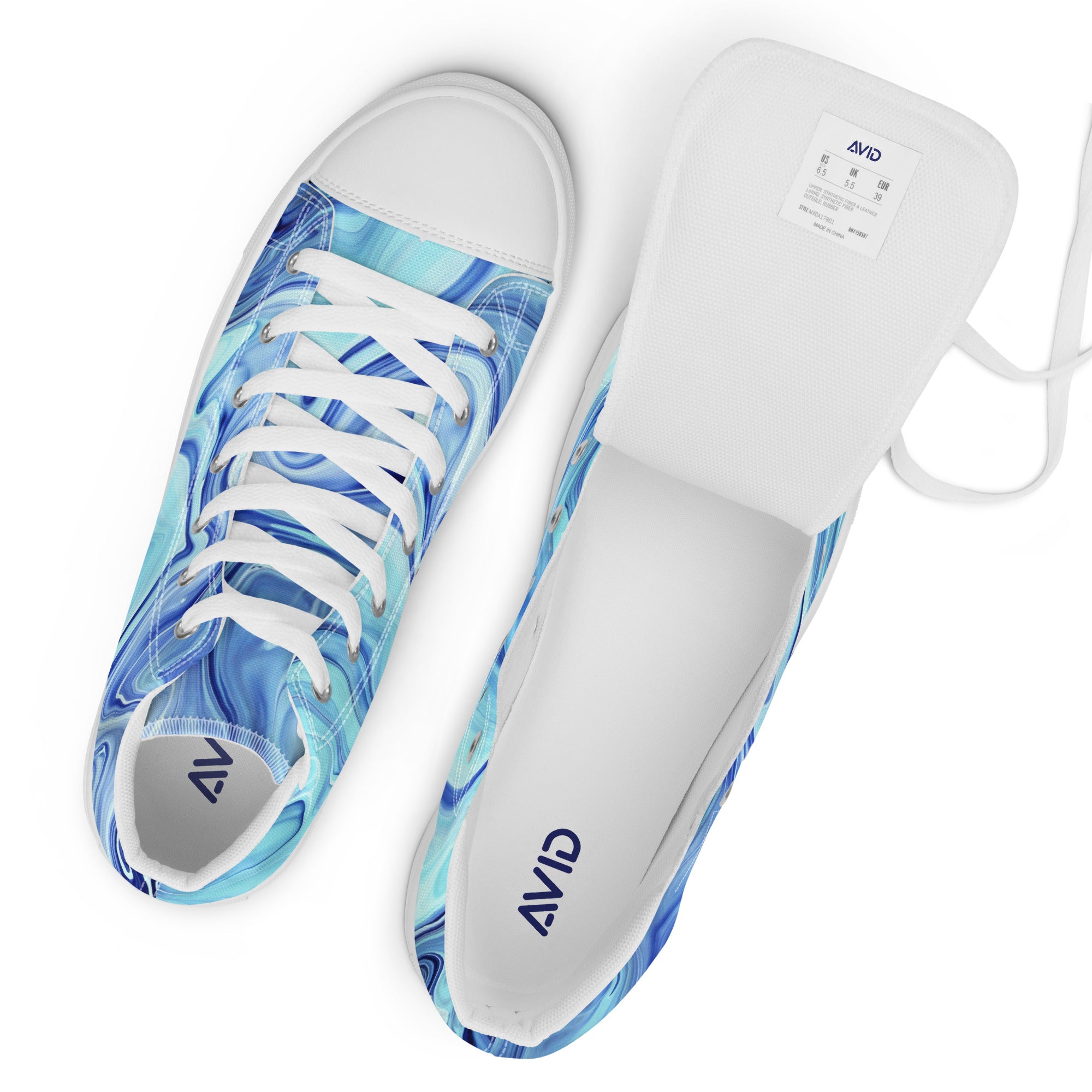 White sneakers with blue wave pattern on a white background, featuring the brand 'AVID'.