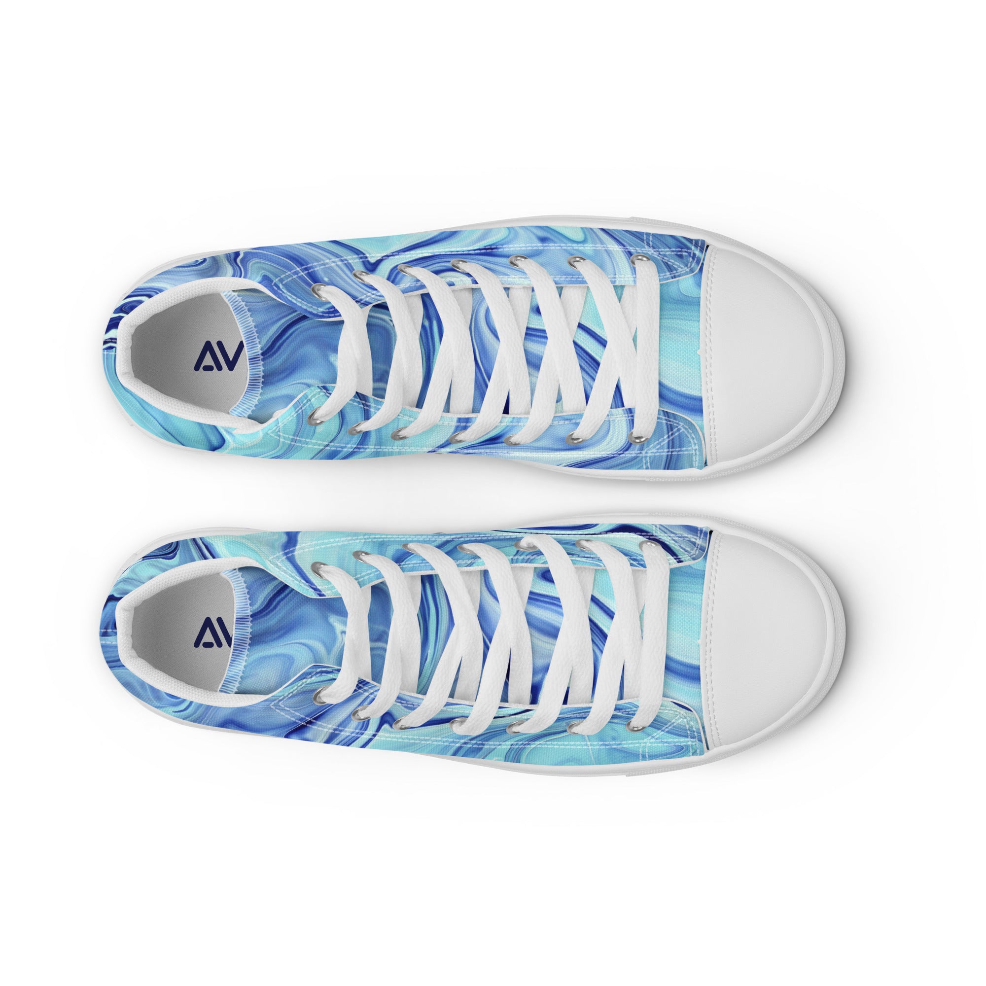 Pair of sneakers with blue and white marbled pattern on a white background