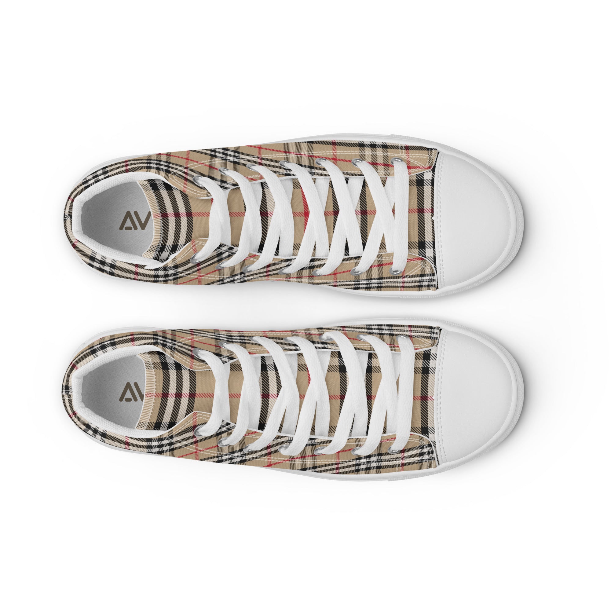 Plaid patterned sneakers with white laces on a white background
