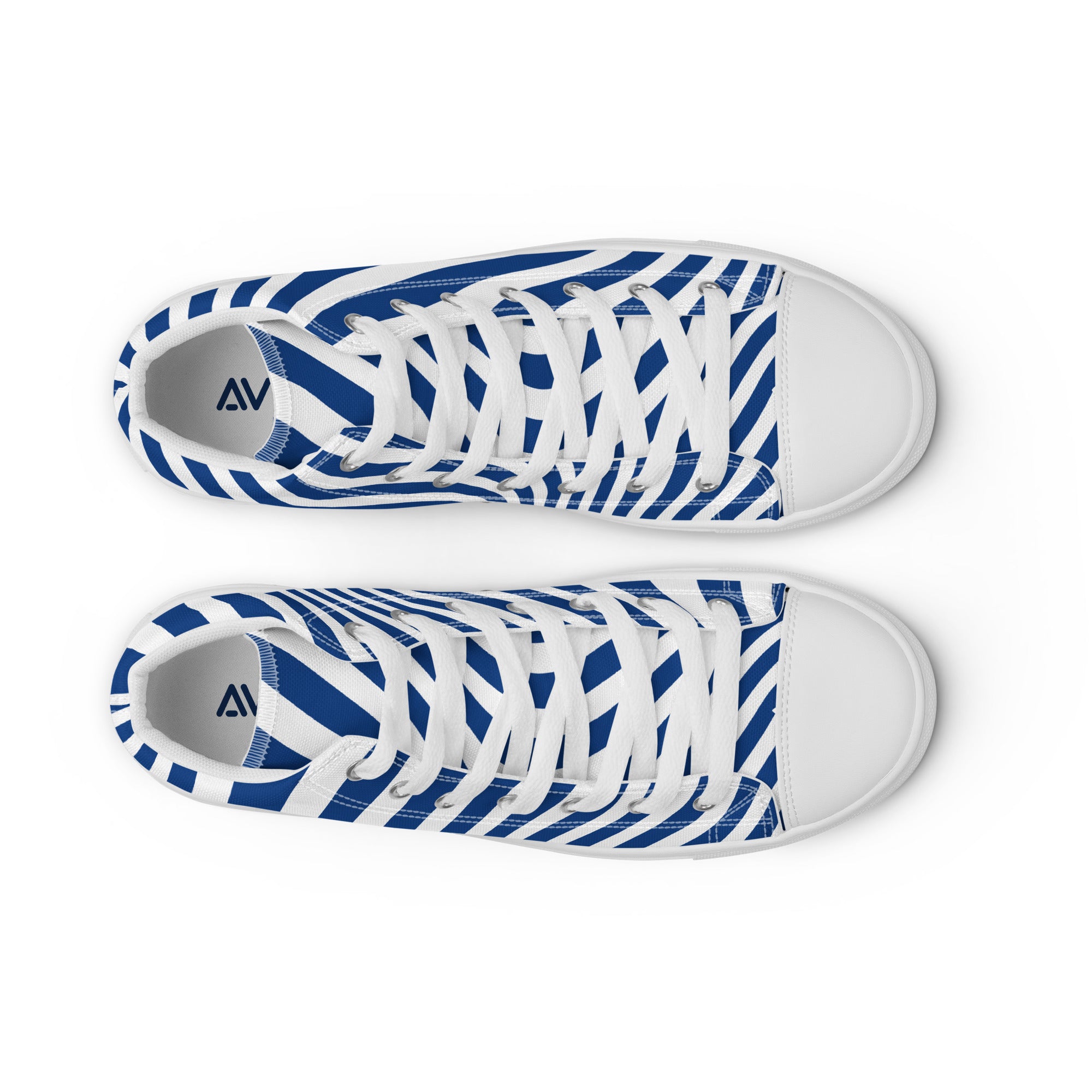 Pair of blue and white striped sneakers on a white background