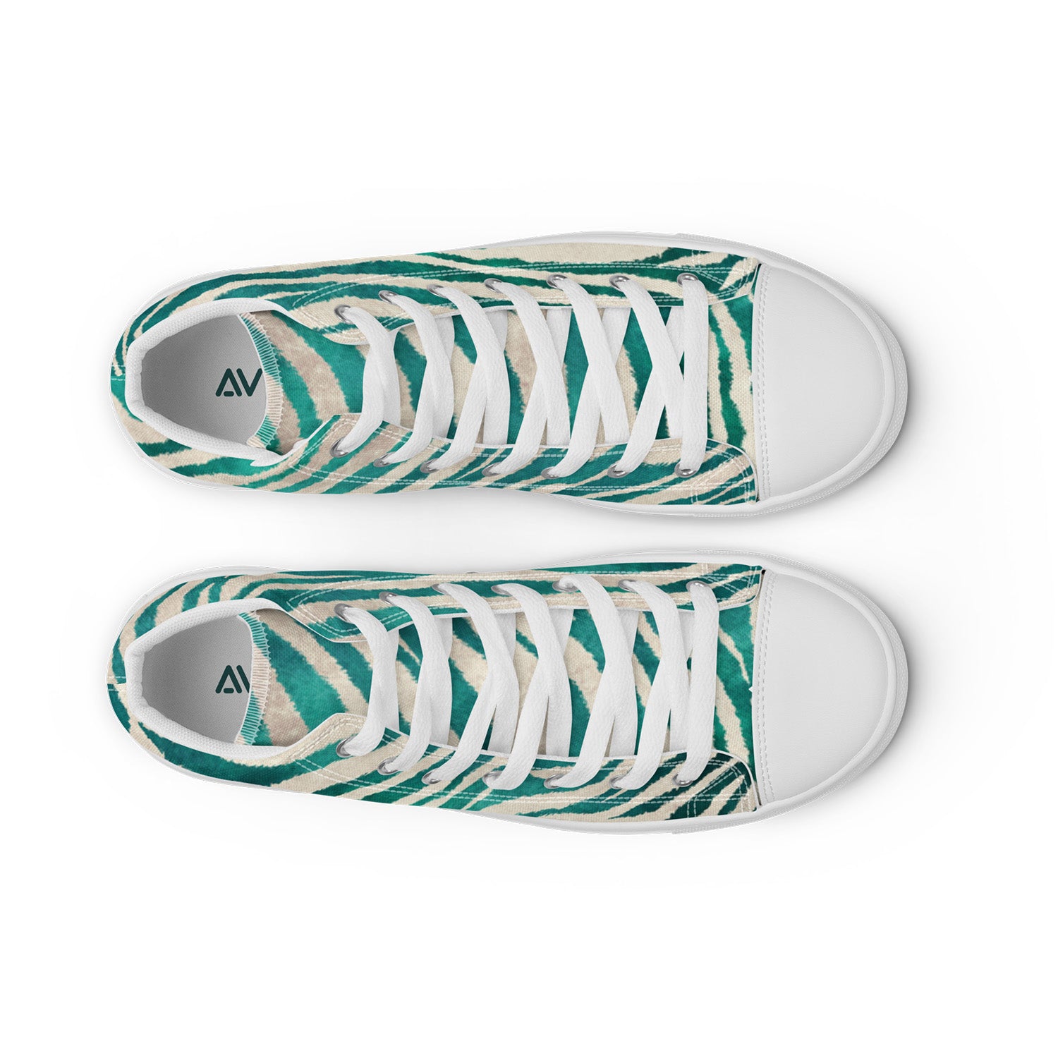 Pair of green and white patterned sneakers on a white background
