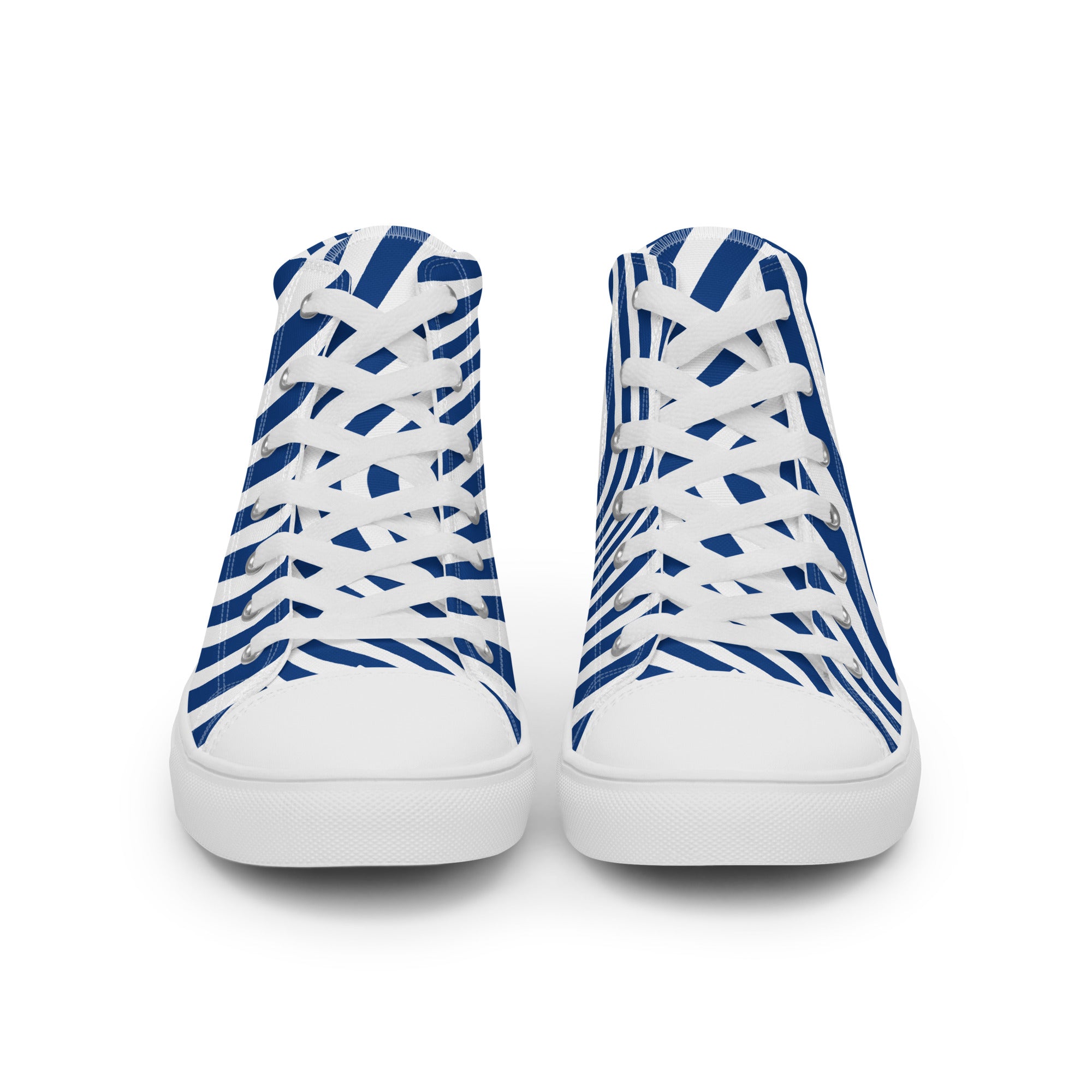 White high-top sneakers with blue geometric pattern on a white background