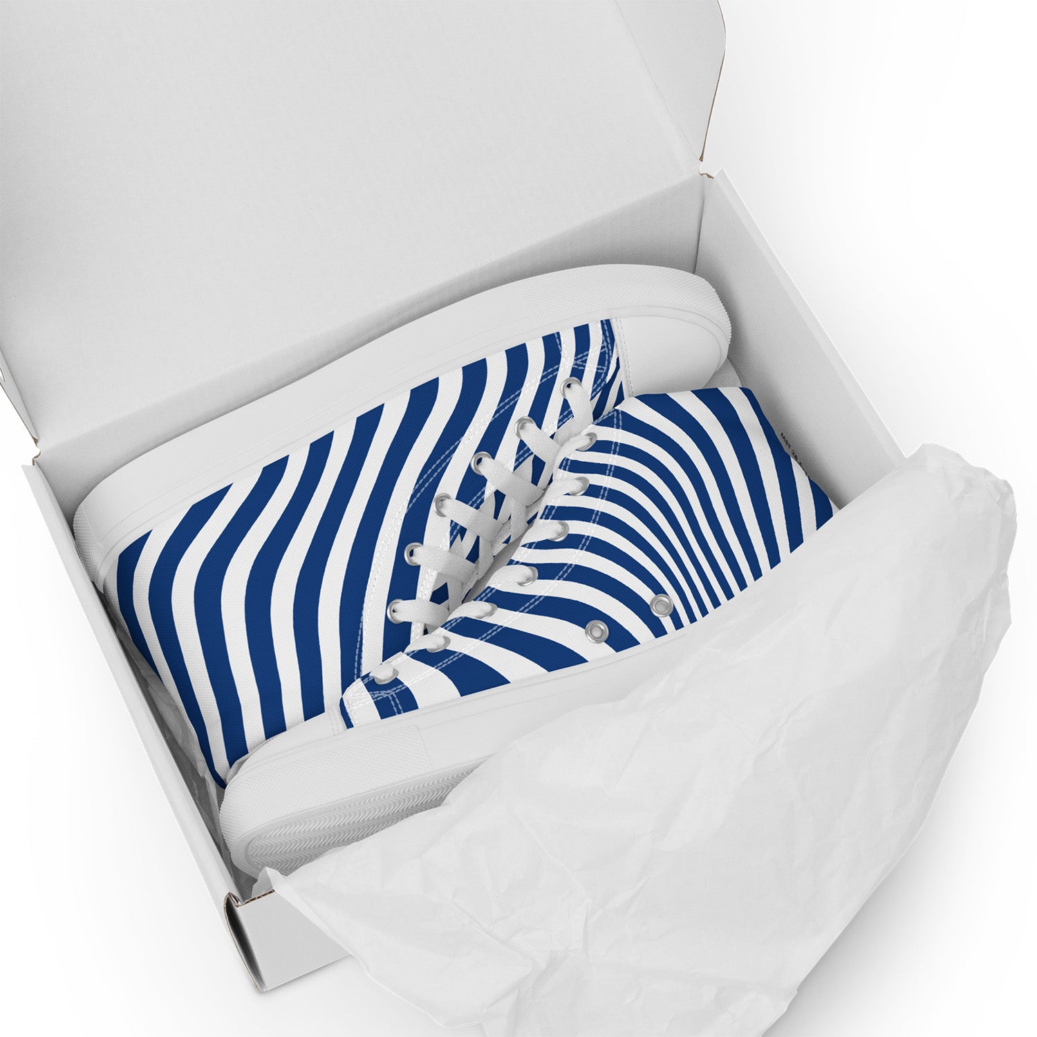 Blue and white striped sneakers in a white box on a white background