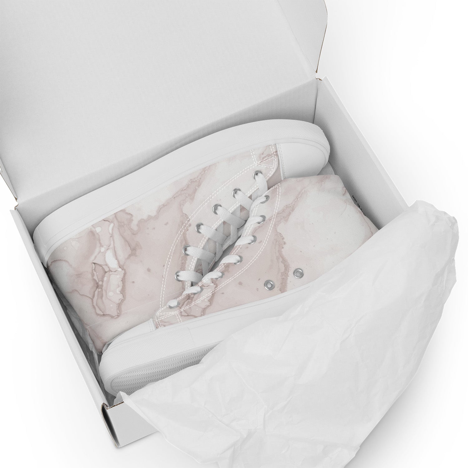 Pink high-top sneakers in a white box on a light gray background