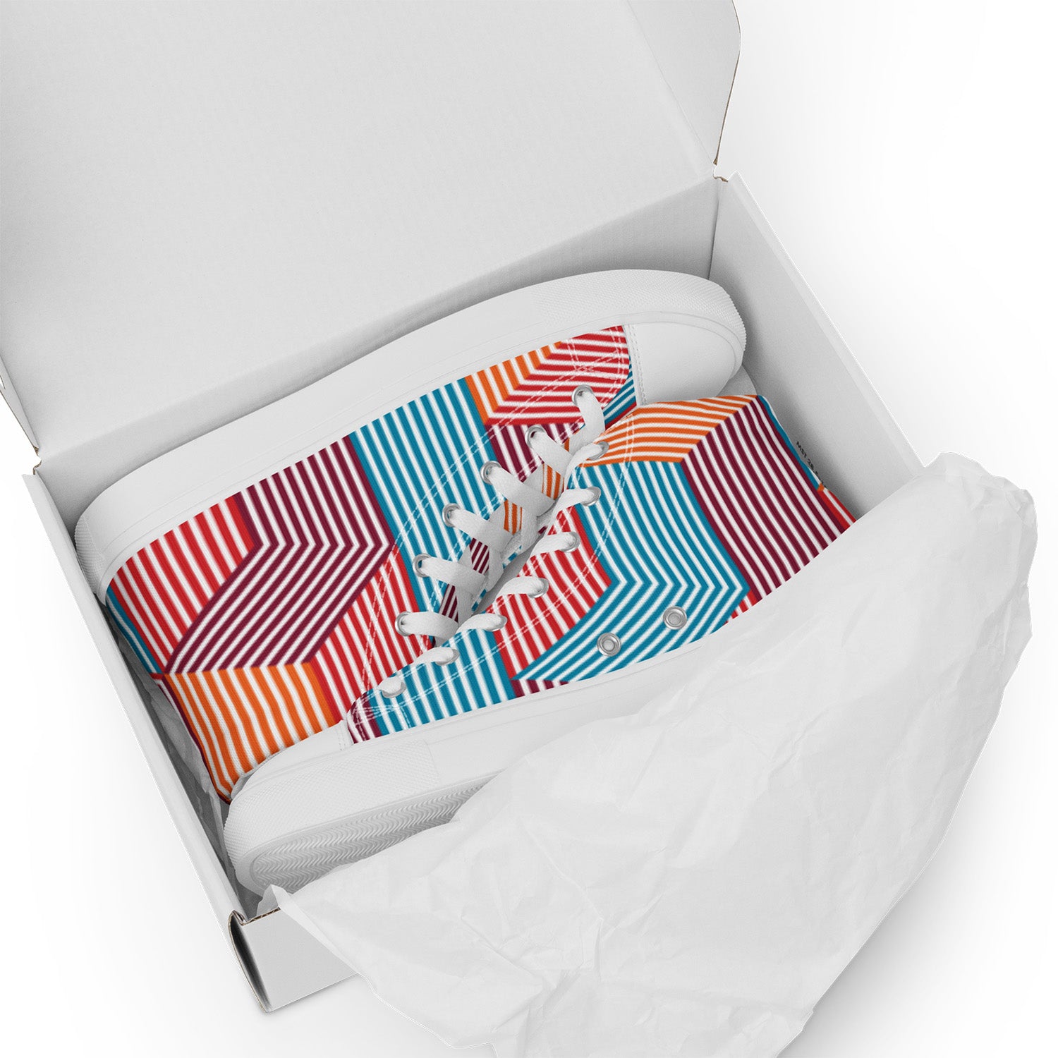 Colorful striped socks with a small airplane model in a white box on a white background