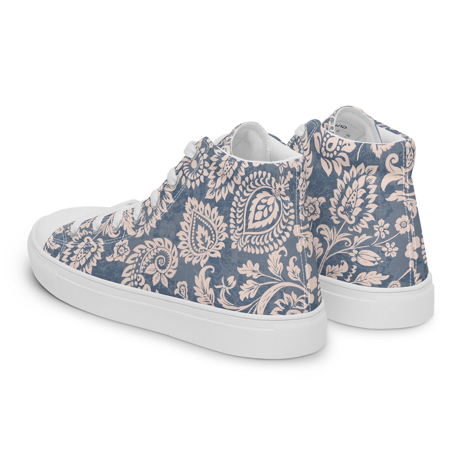 Blue and beige patterned sneakers on a white background