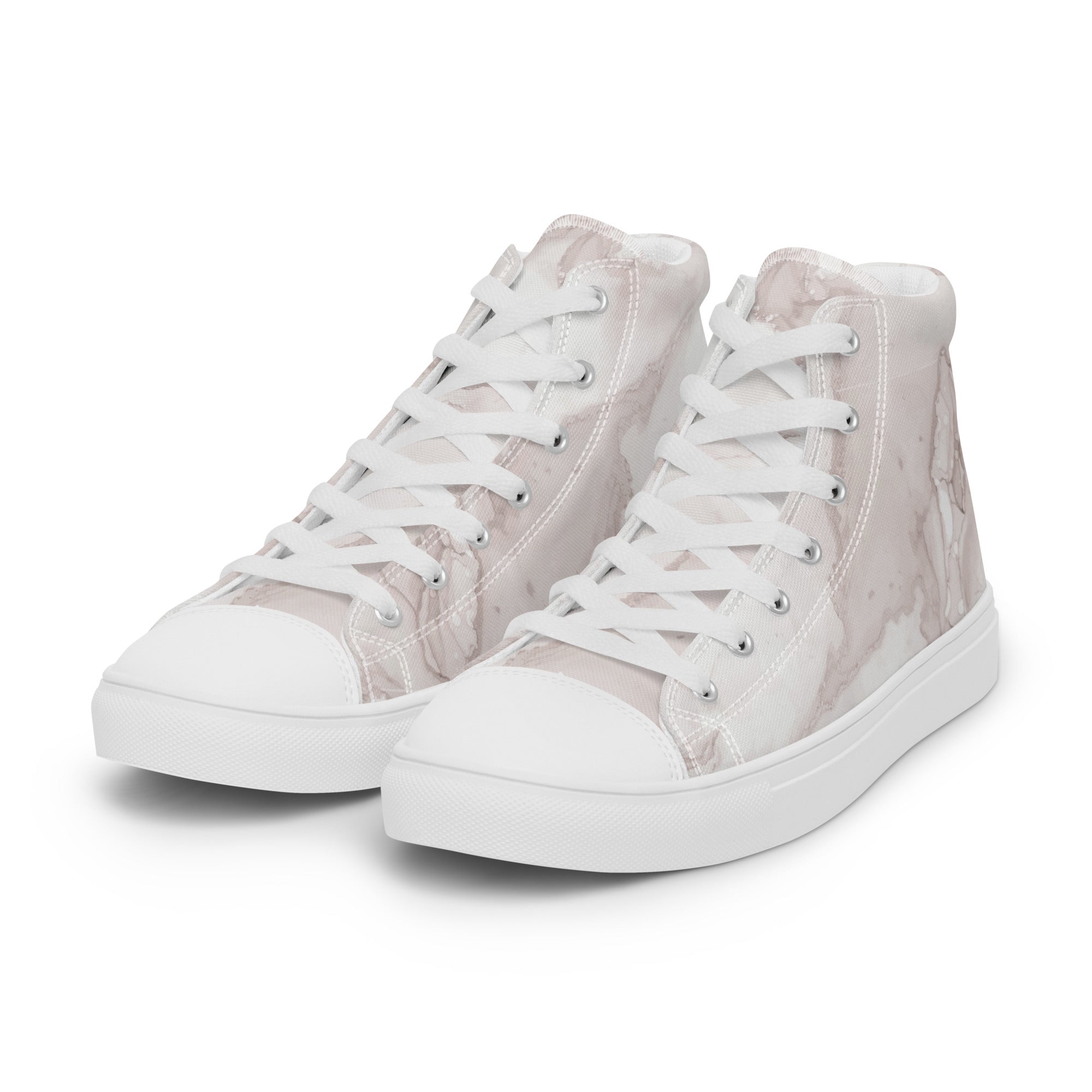 Pair of white high-top sneakers with a subtle pattern on a white background