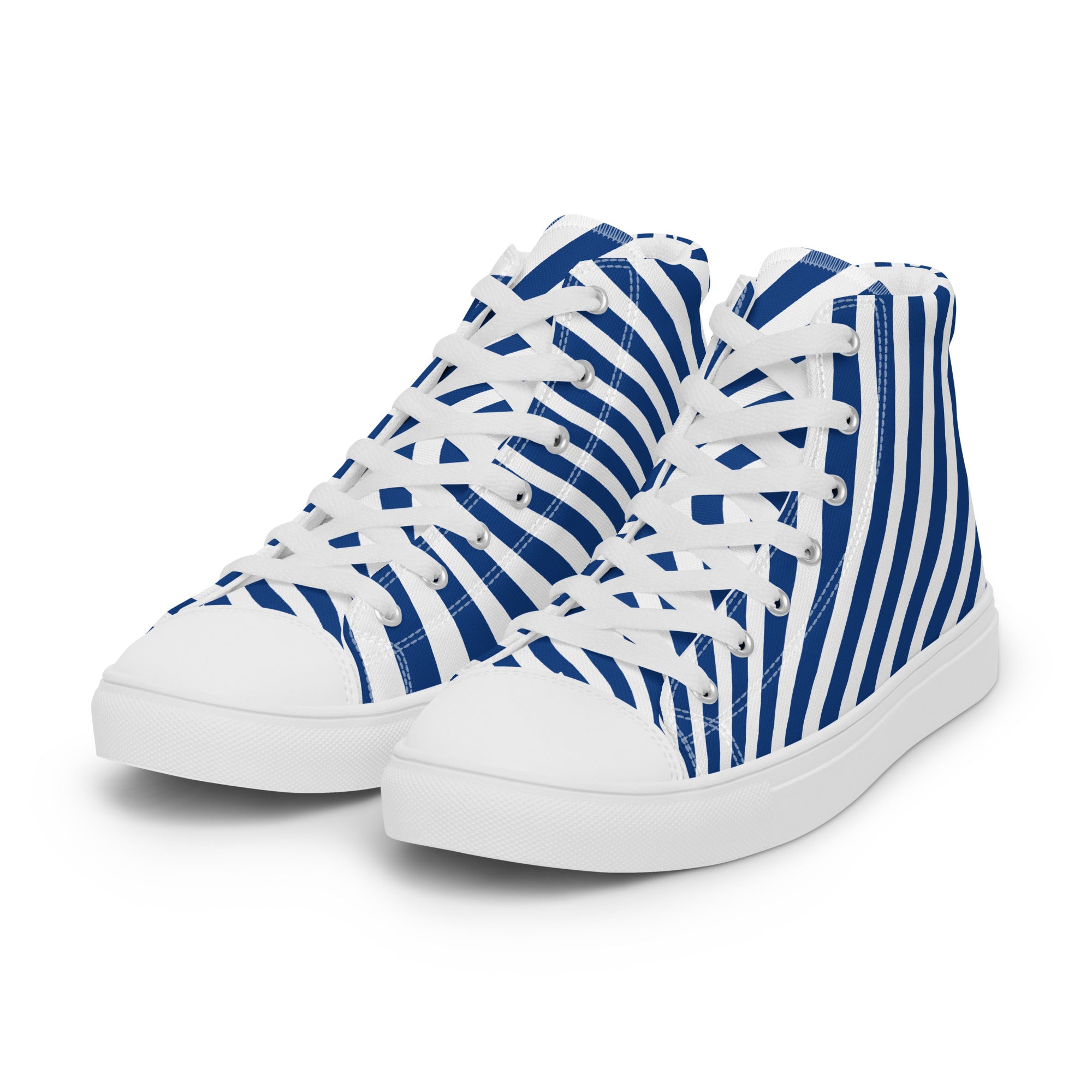 Blue and white striped high-top sneakers on a white background