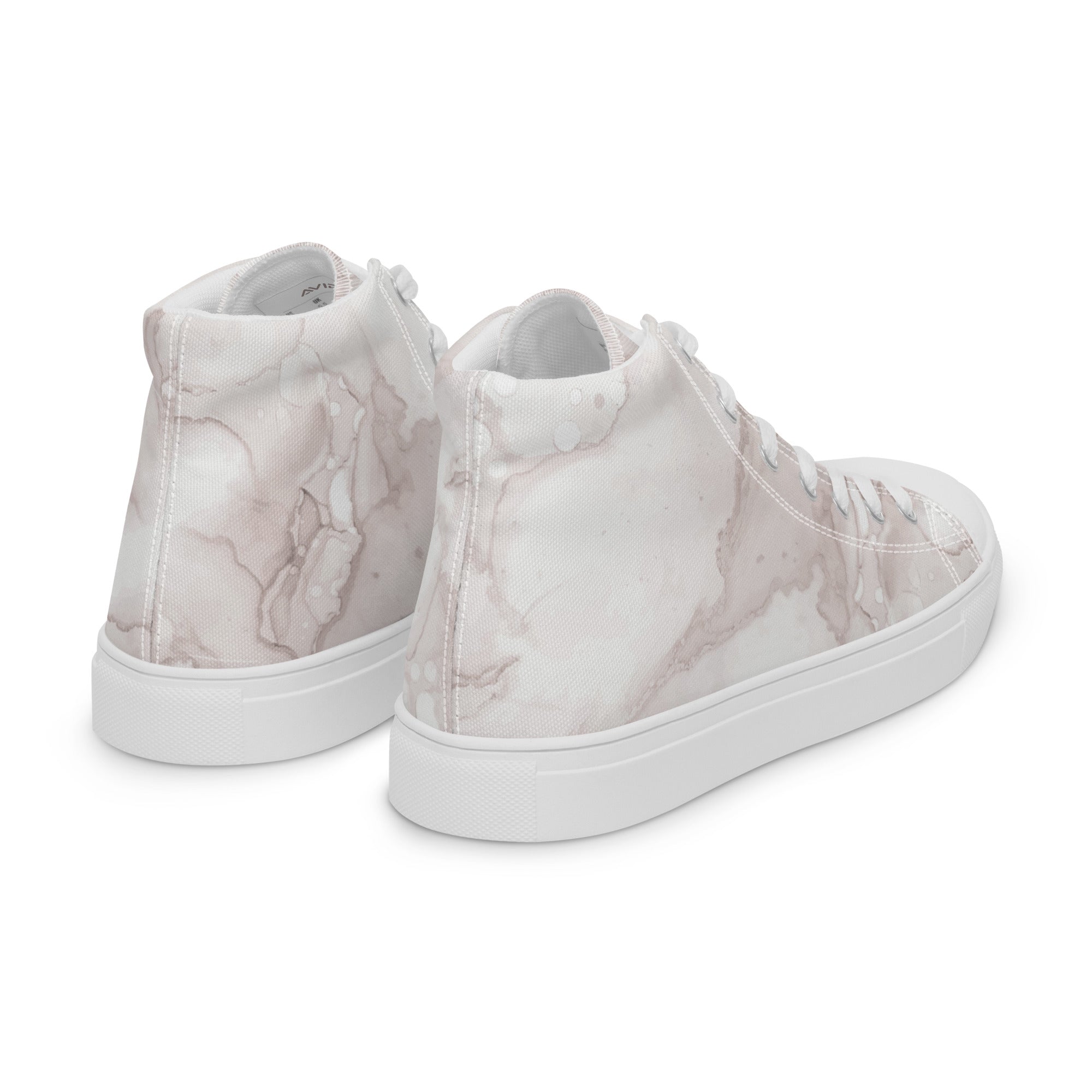 White marble-patterned high-top sneakers on a white background