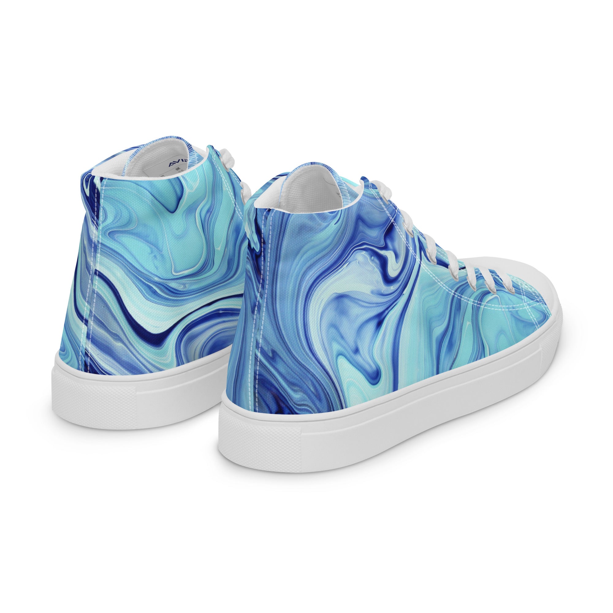 Blue marbled high-top sneakers on a white background