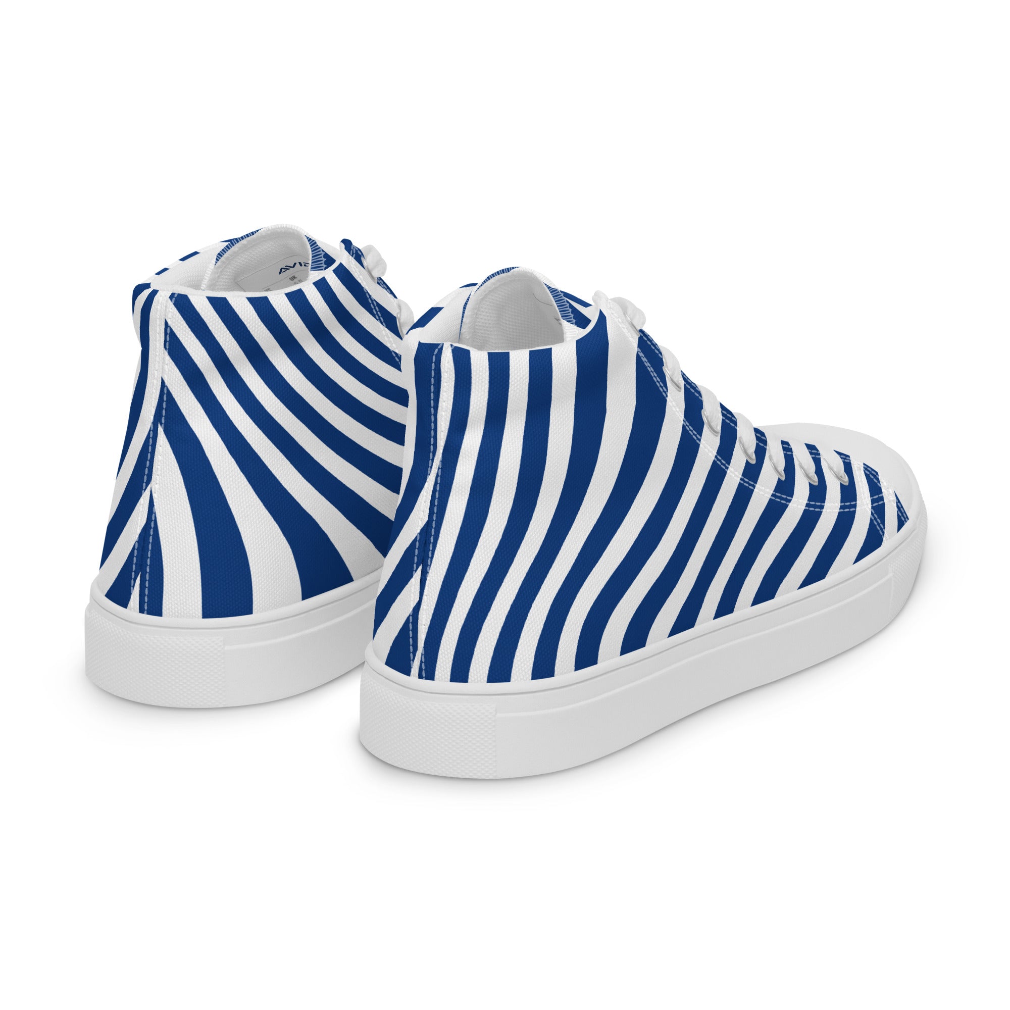 Blue and white striped sneakers on a white background