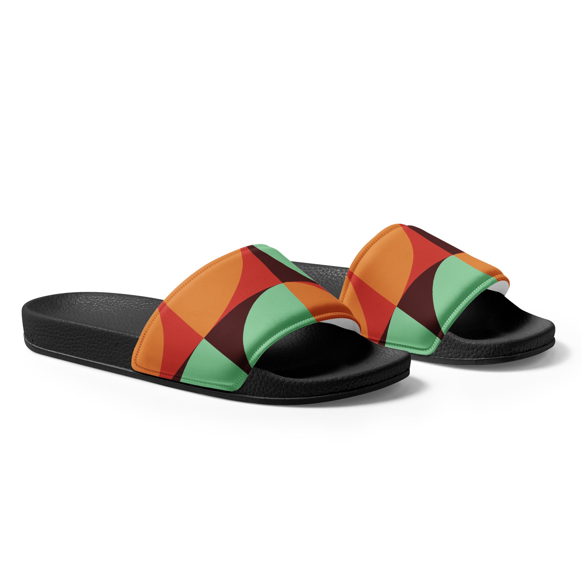 Colorful slide sandals with geometric pattern and black sole