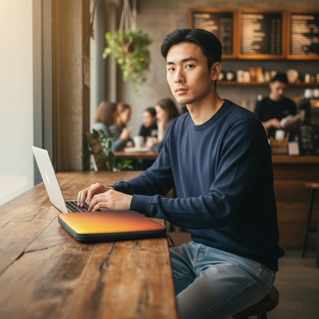 Man using a laptop in a cafe with people in the background