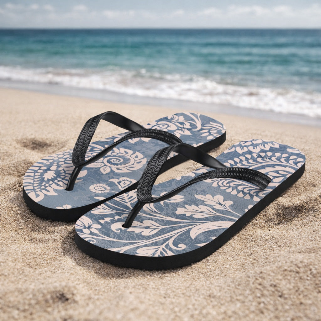 Yogi patterned flip-flops on a sandy beach 