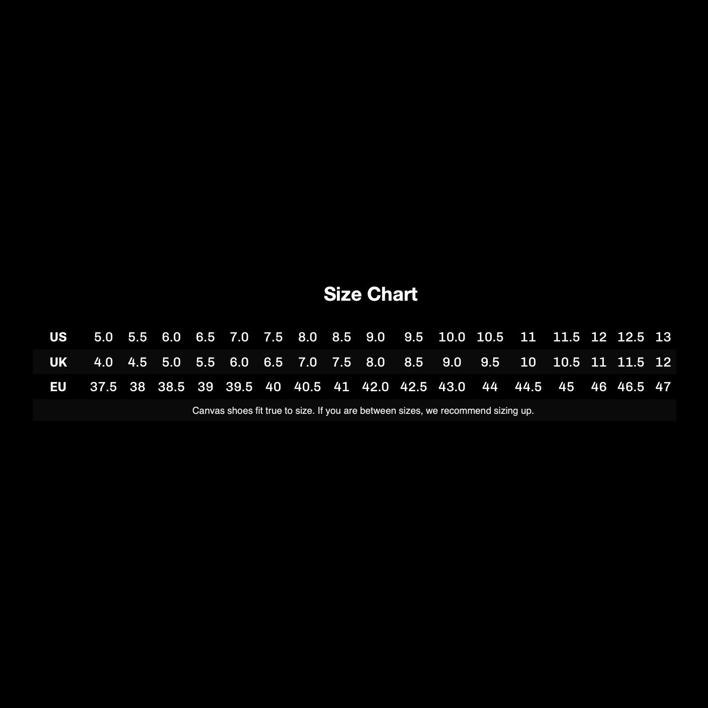 Size chart for US, UK, and EU shoe sizes on a black background