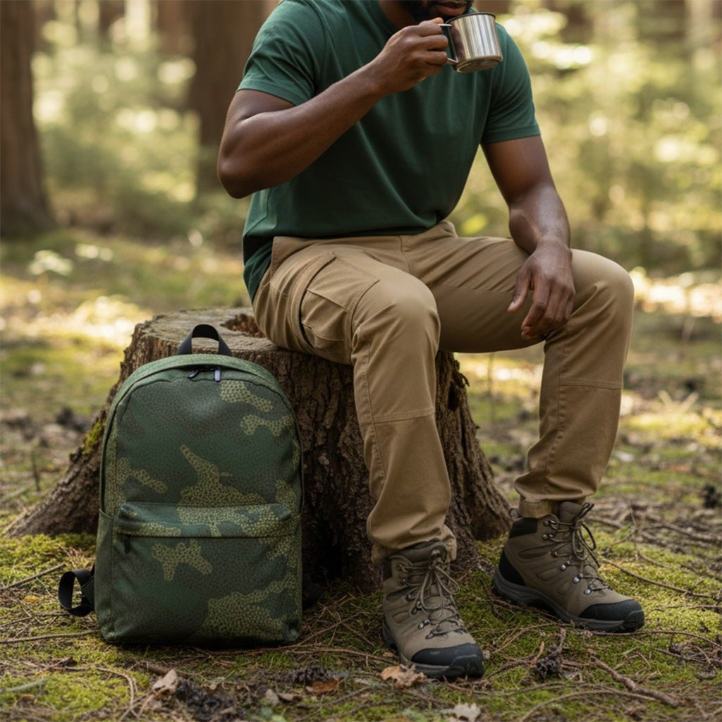 Person sitting on a tree stump in a forest, wearing a green shirt and beige pants, with a camouflage backpack next to them.