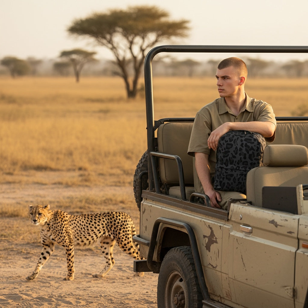 Man in a safari vehicle with a cheetah on a savanna