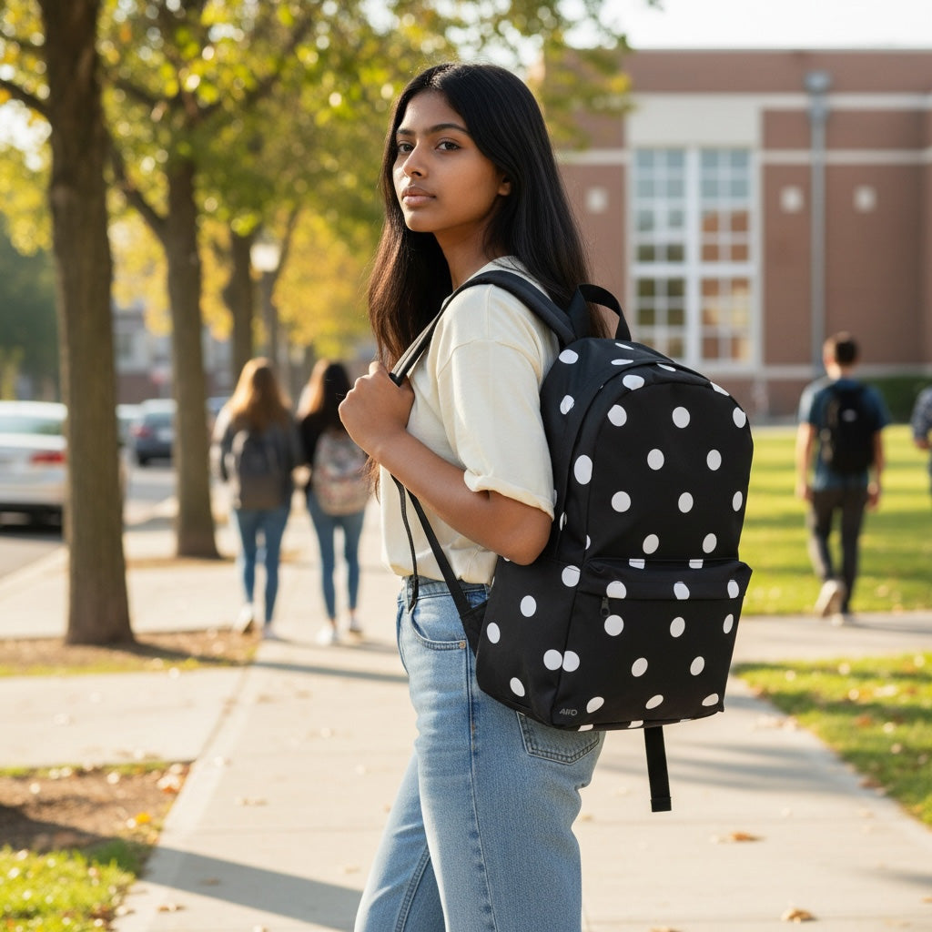 Young woman with a black polka dot backpack on a college campus