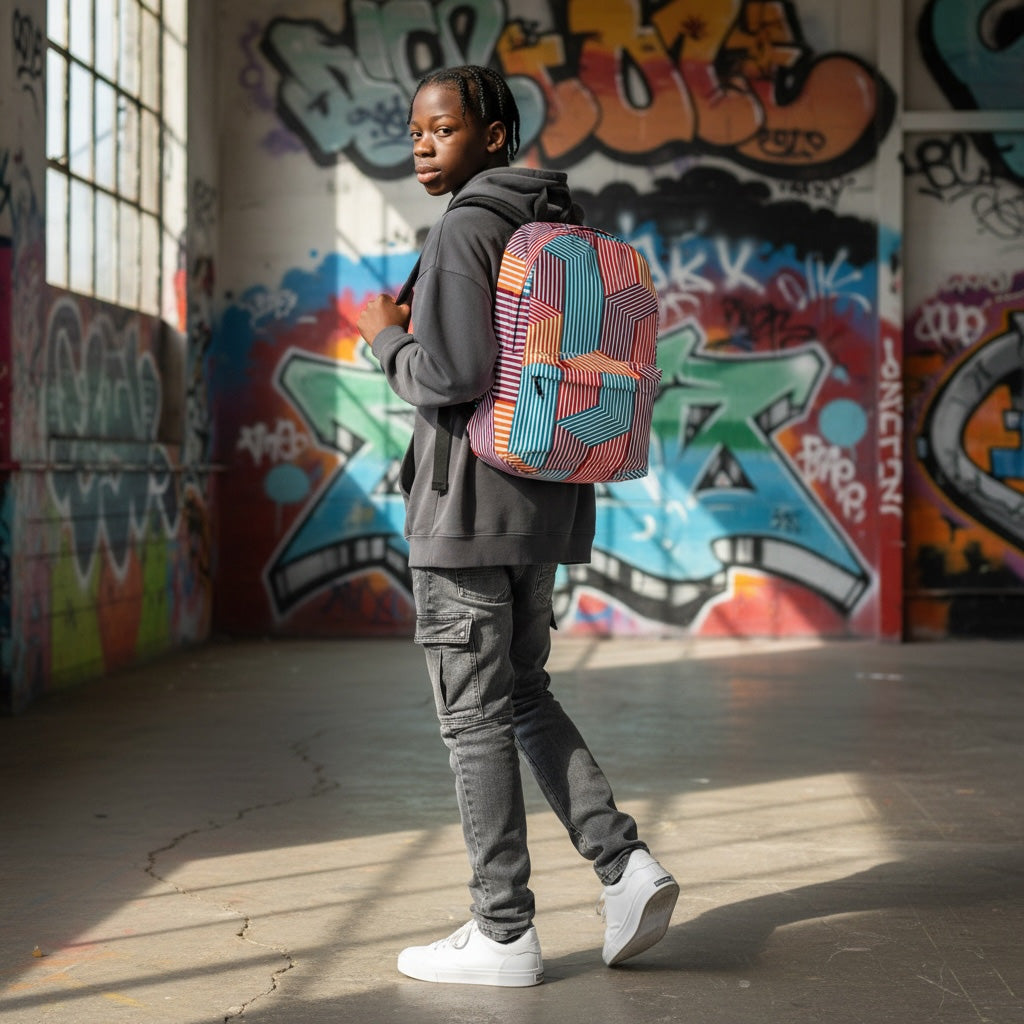 Person with a colorful backpack standing in front of graffiti-covered walls