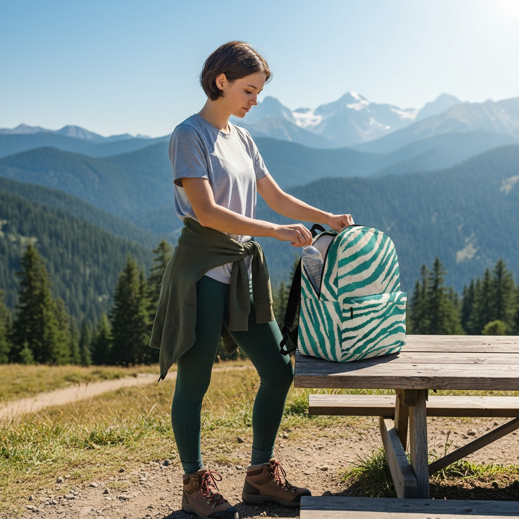 Woman with a zebra-striped backpack in a mountainous landscape
