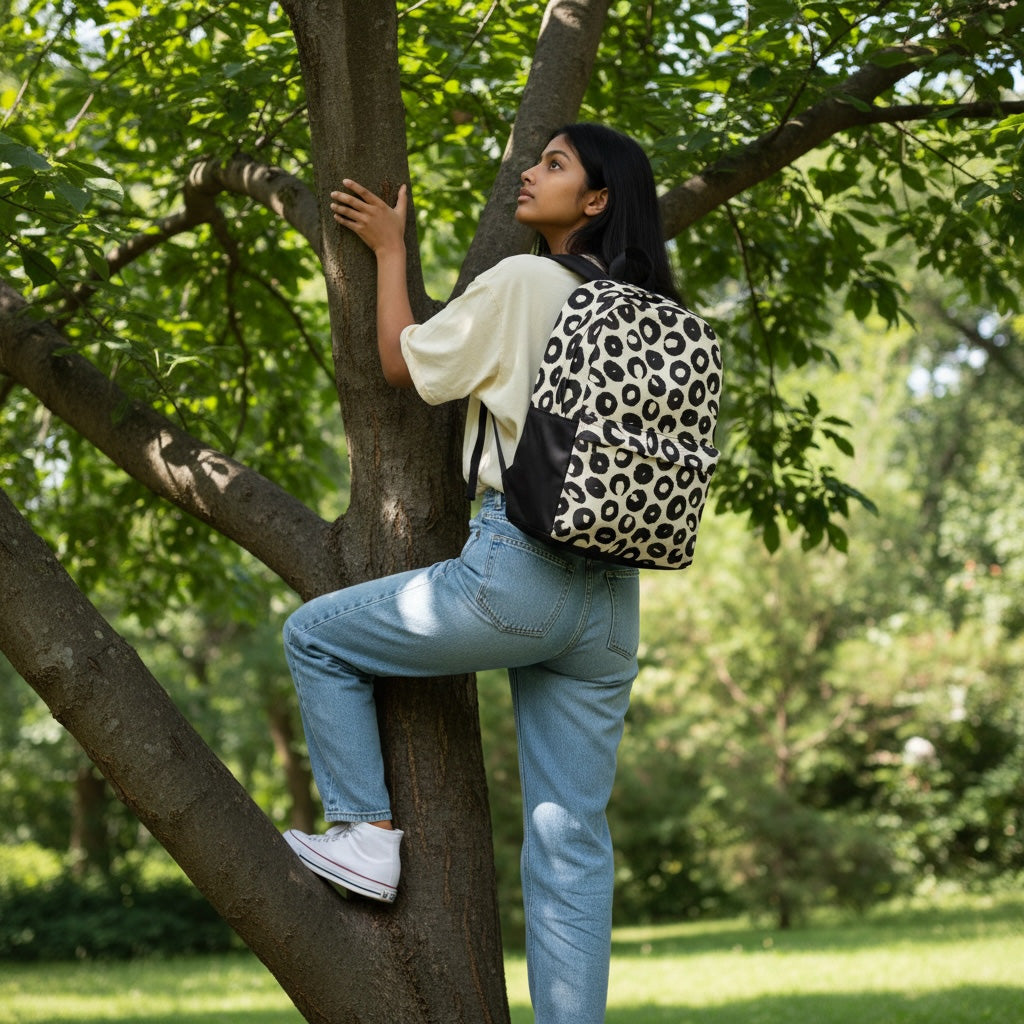 Person with a leopard print backpack climbing a tree in a park